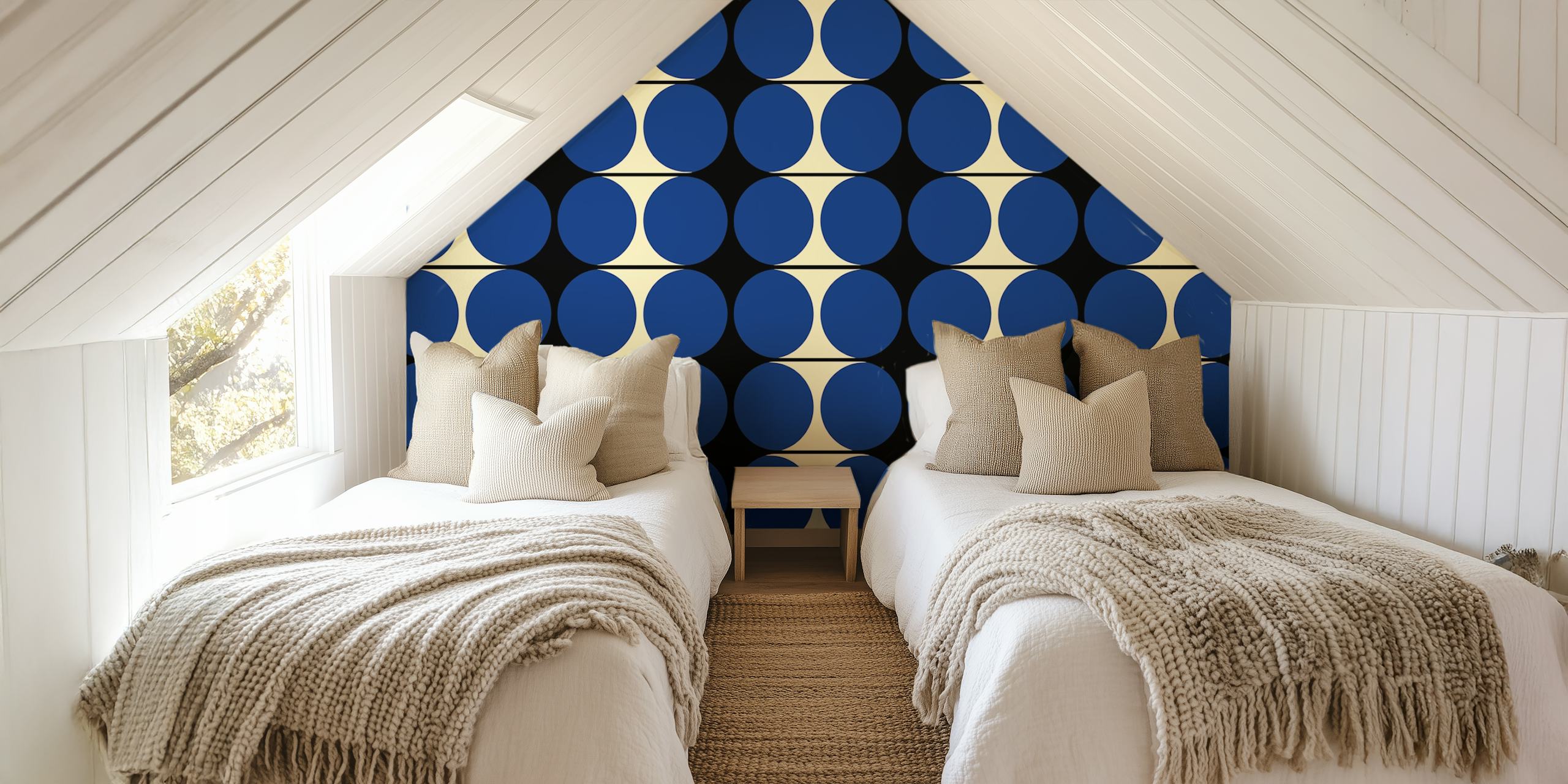Geometric circles in navy blue and cream on black background wallpaper