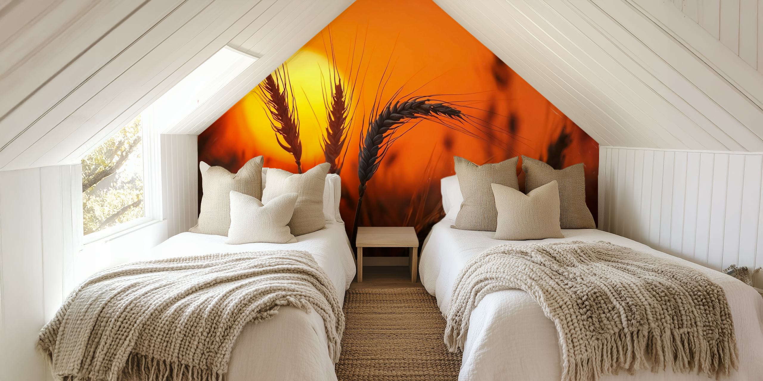 Silhouetted wheat against a warm orange sunset wallpaper