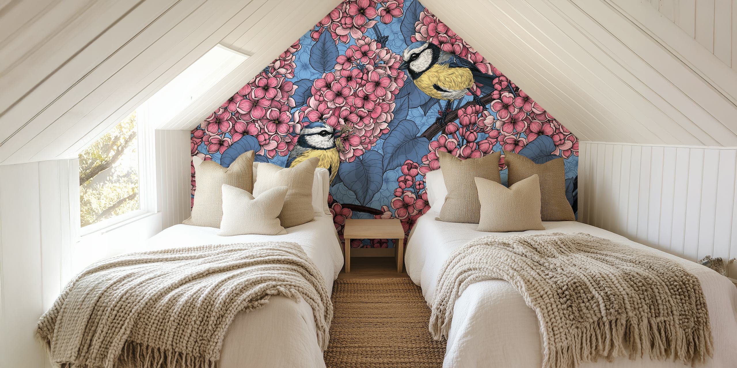 Charming wallpaper with tit birds and lilac flowers