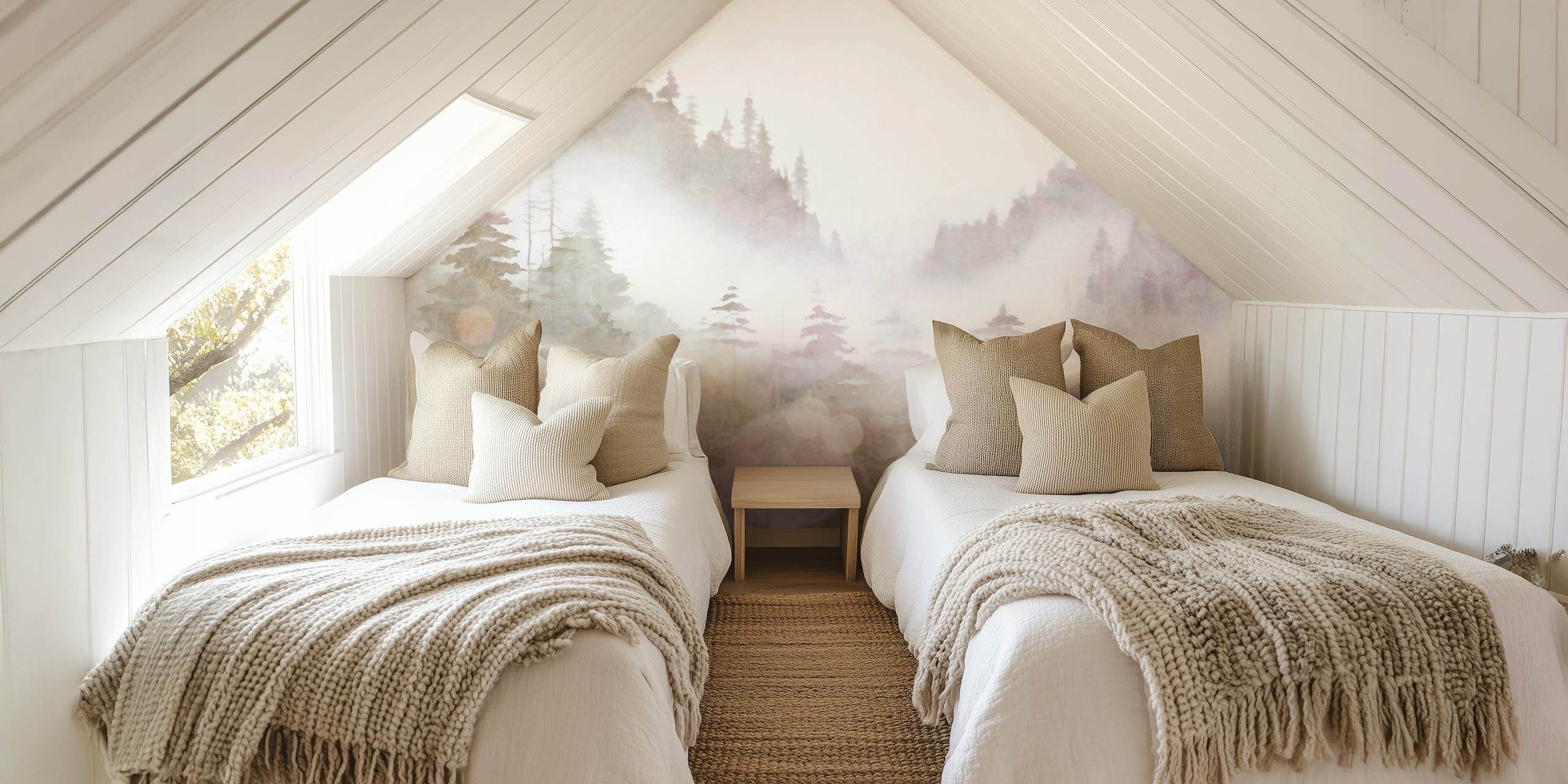 Watercolor of misty pine tree silhouettes in grey tones wallpaper