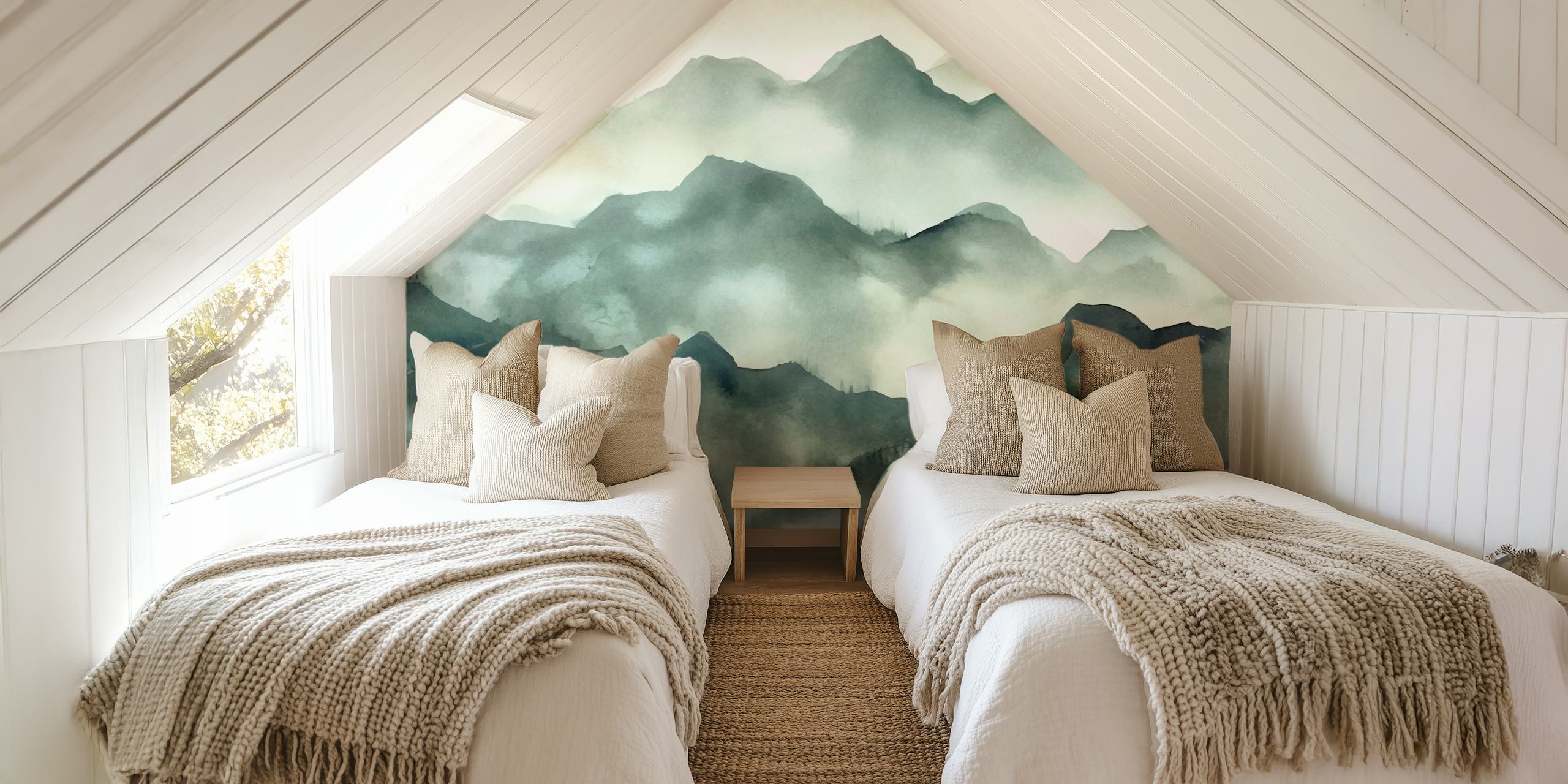 Misty Mountains Watercolor Landscape ταπετσαρία σε ένα δωμάτιο