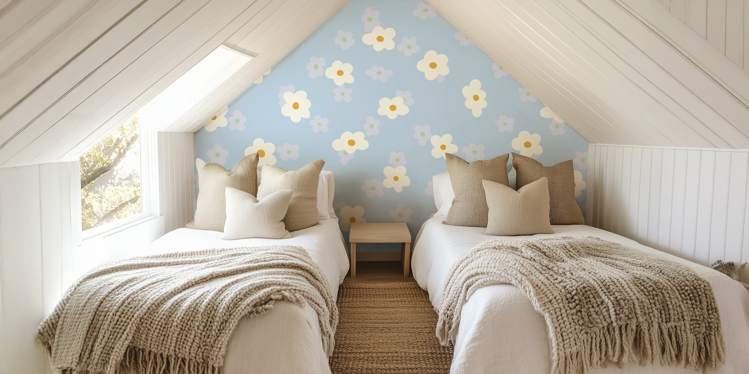 Blue floral wallpaper with white daisies and pastel accents