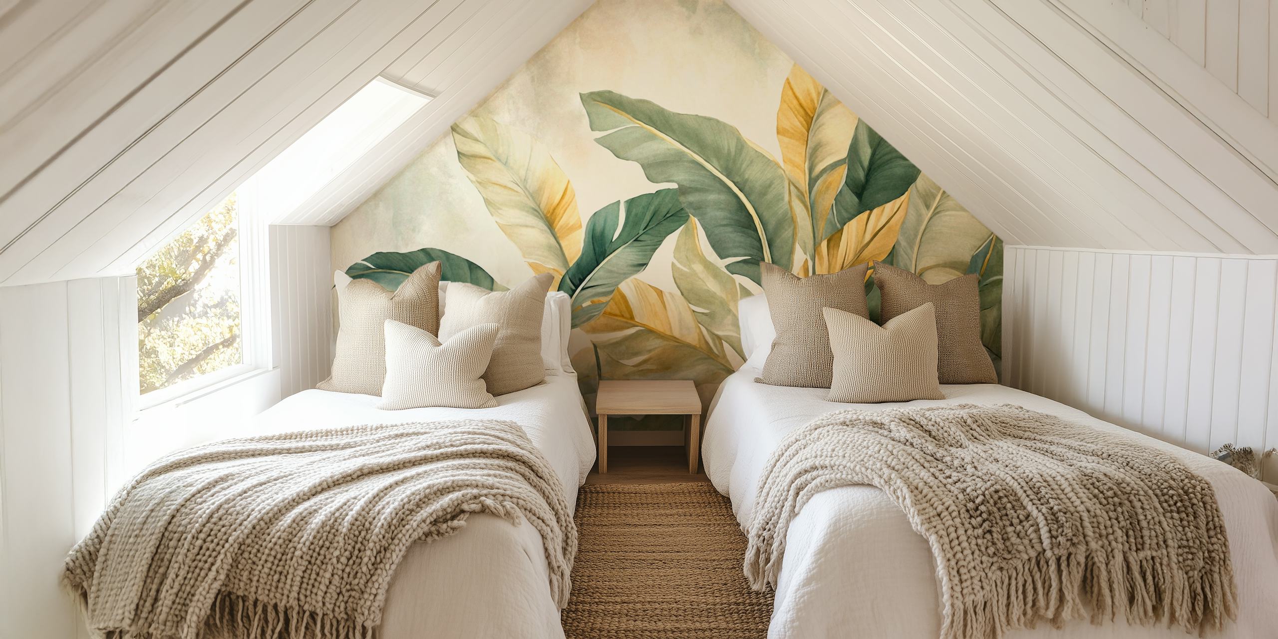 Tropical palm fronds in soft green and gold tones wallpaper