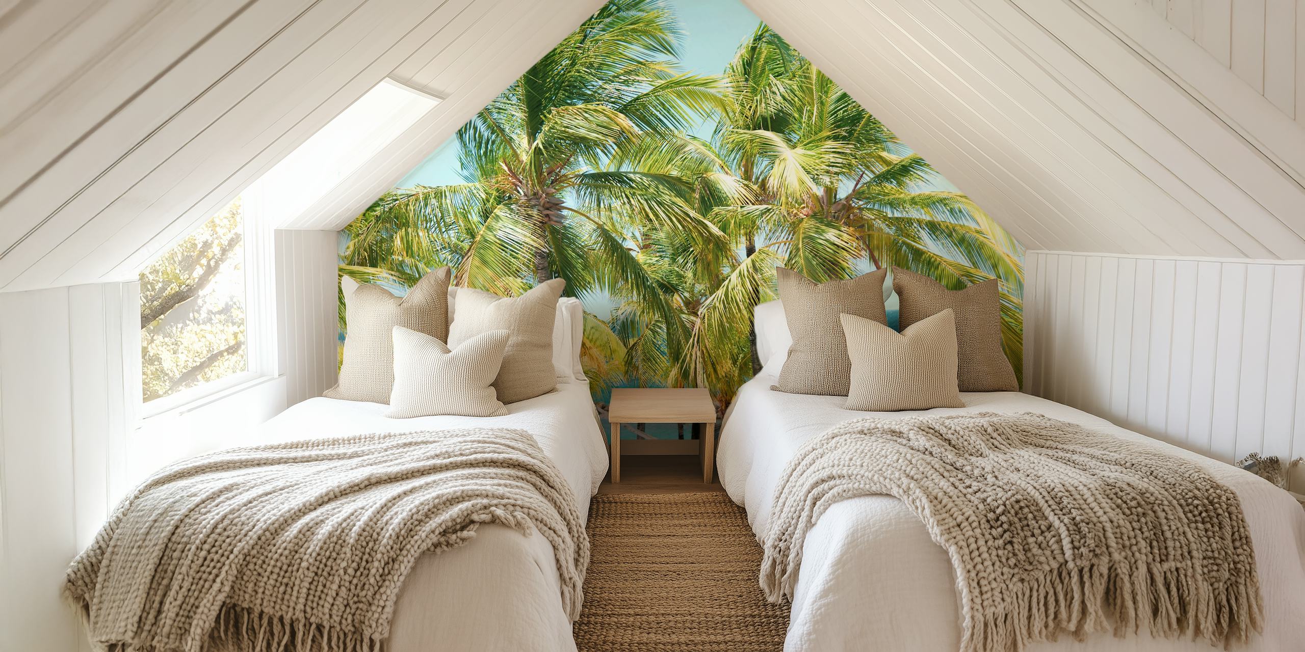 Tall green palm trees against a bright blue ocean wallpaper