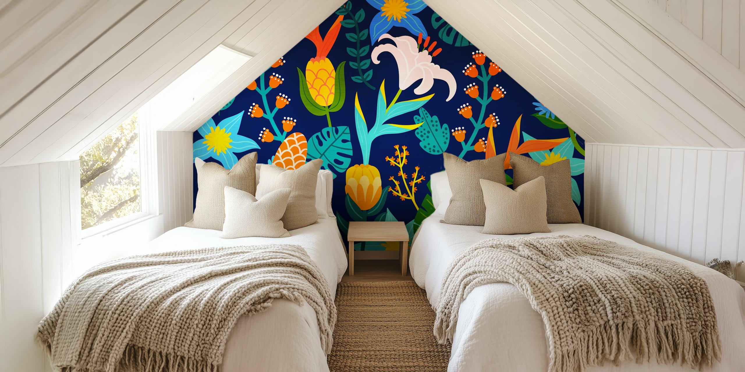 Colorful tropical flowers and leaves on dark background wallpaper