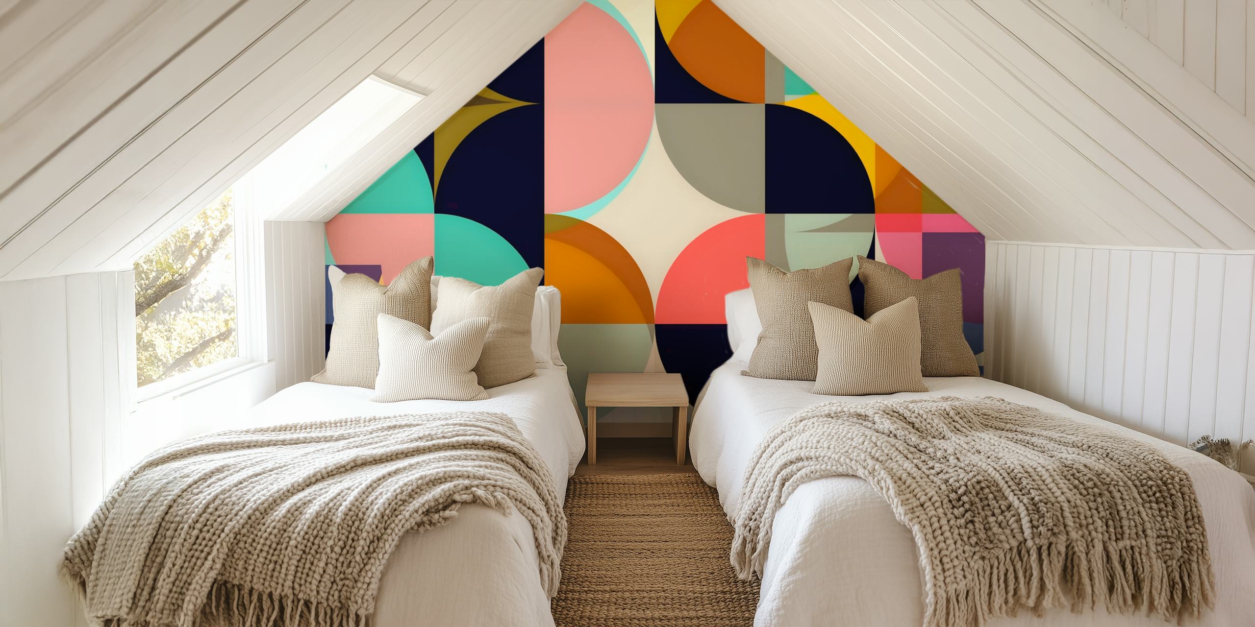 Geometric shapes in pink, teal, navy, and mustard colors wallpaper