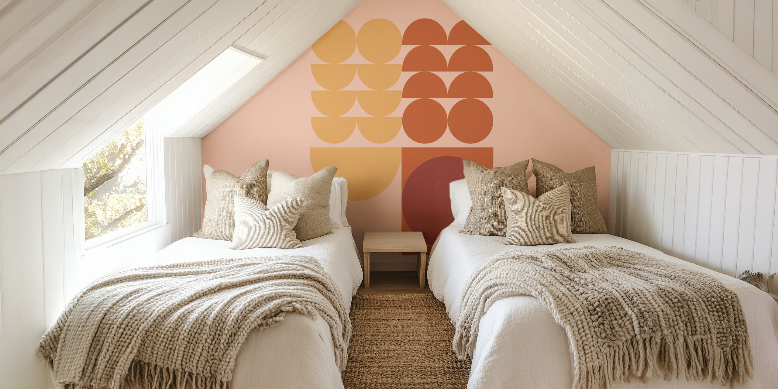 Geometric circle patterns in warm oranges and beige wallpaper