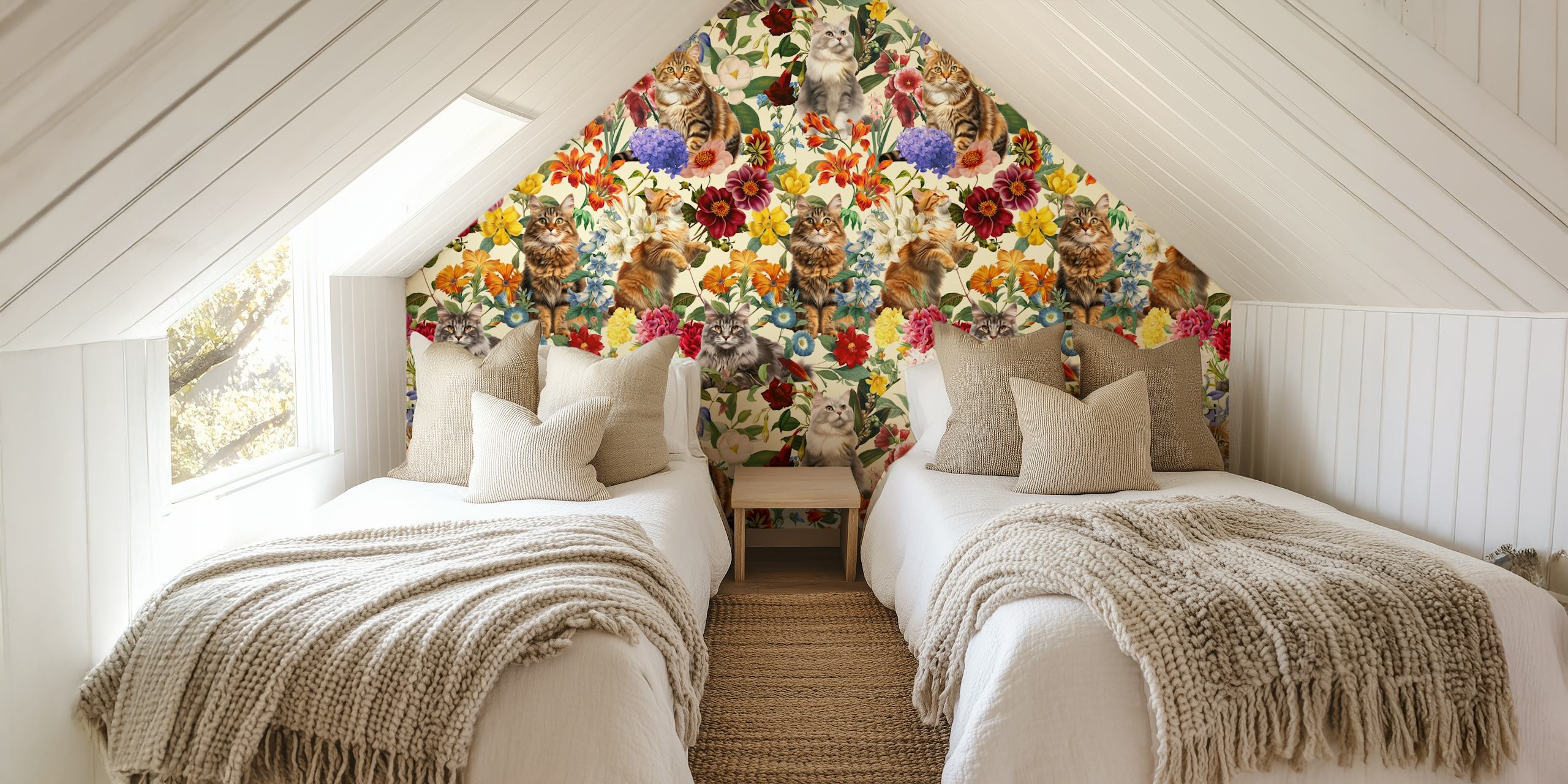 Cat and floral pattern wallpaper i ett rum