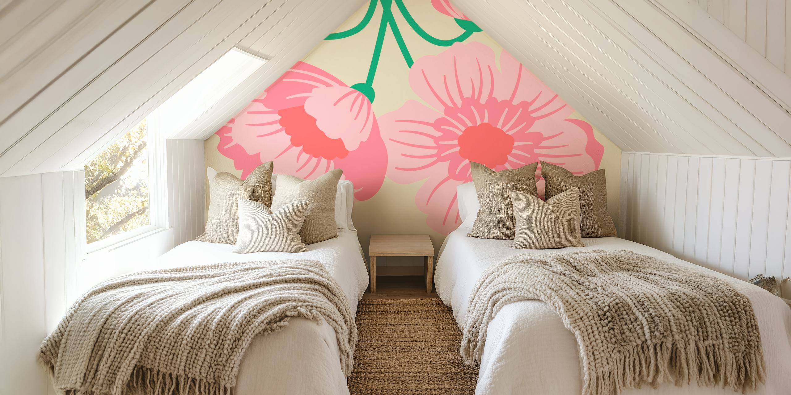 Pink floral design with blossoms and green leaves wallpaper