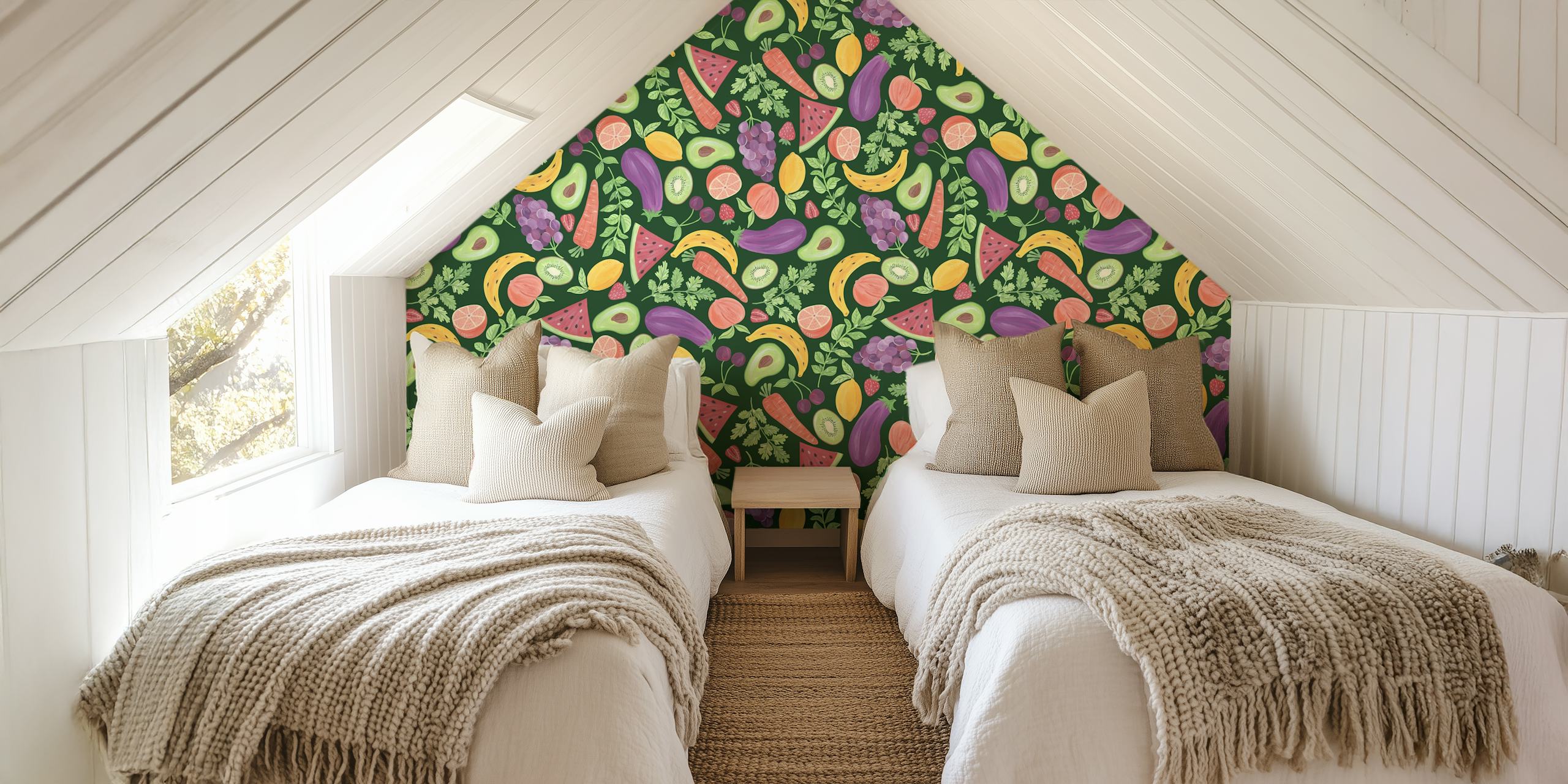 Fruits and veggies patterned wallpaper in a room