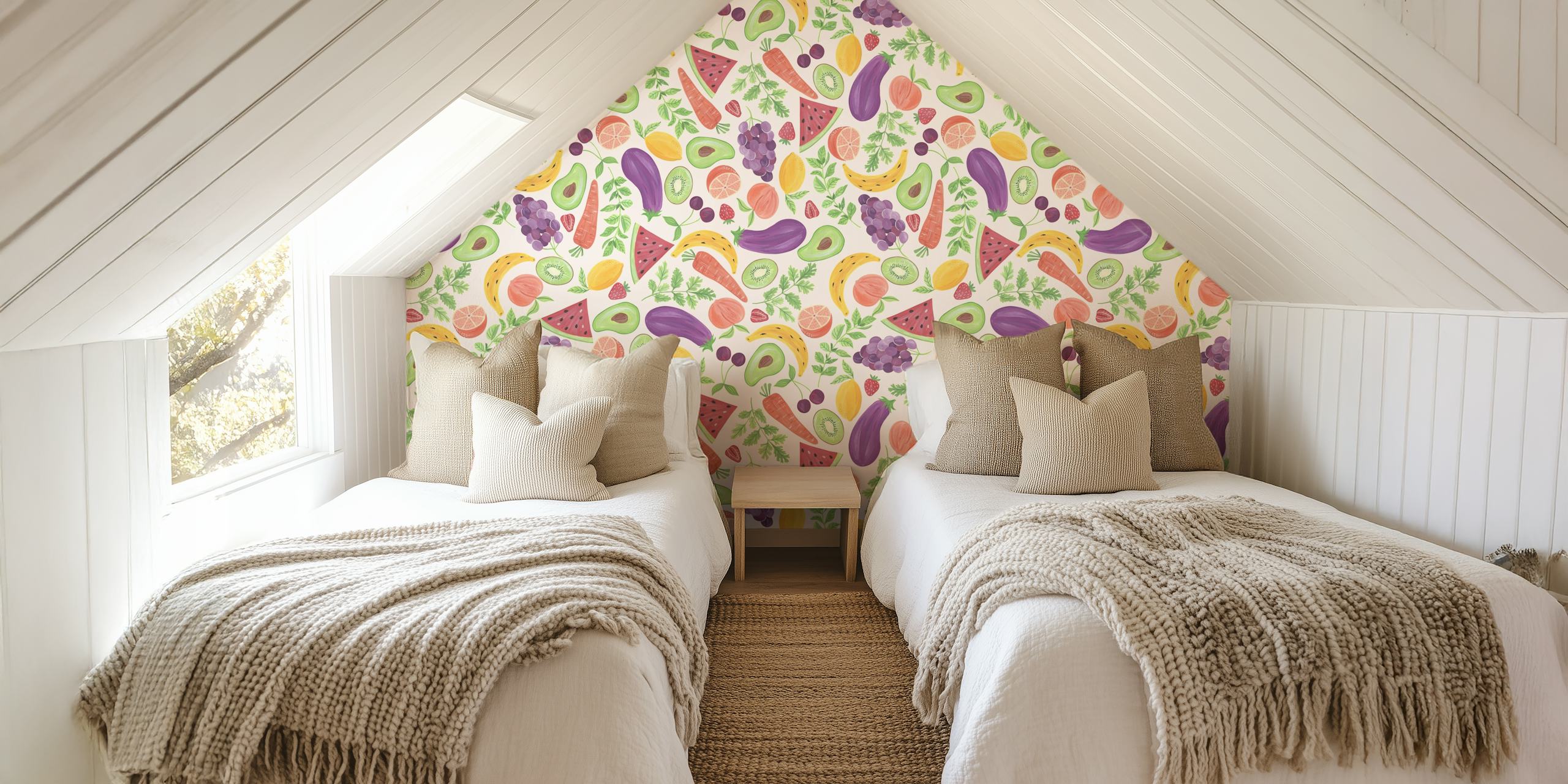 Colorful fruits and veggies pattern wallpaper