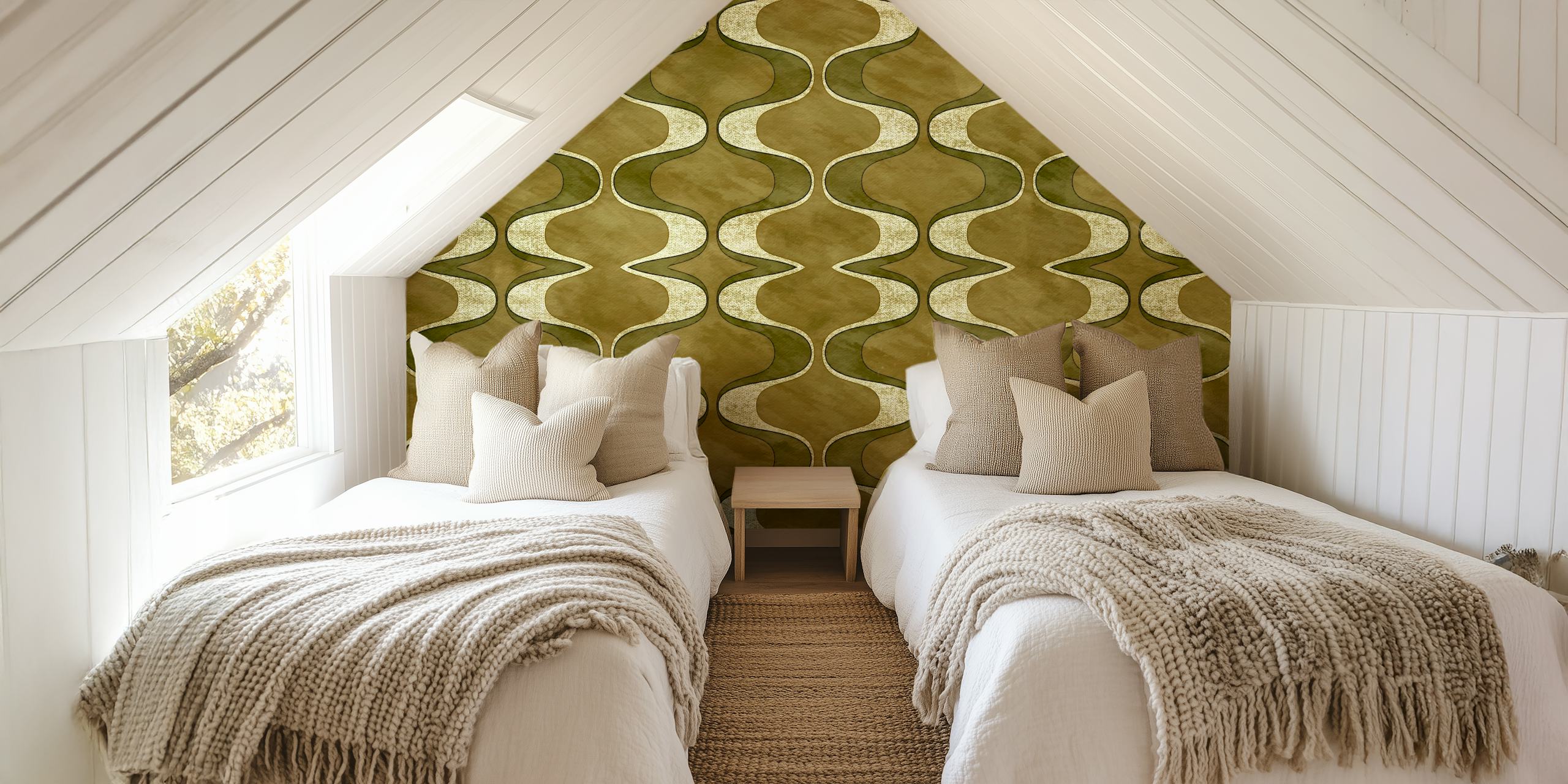 Green and tan wavy geometric design wallpaper