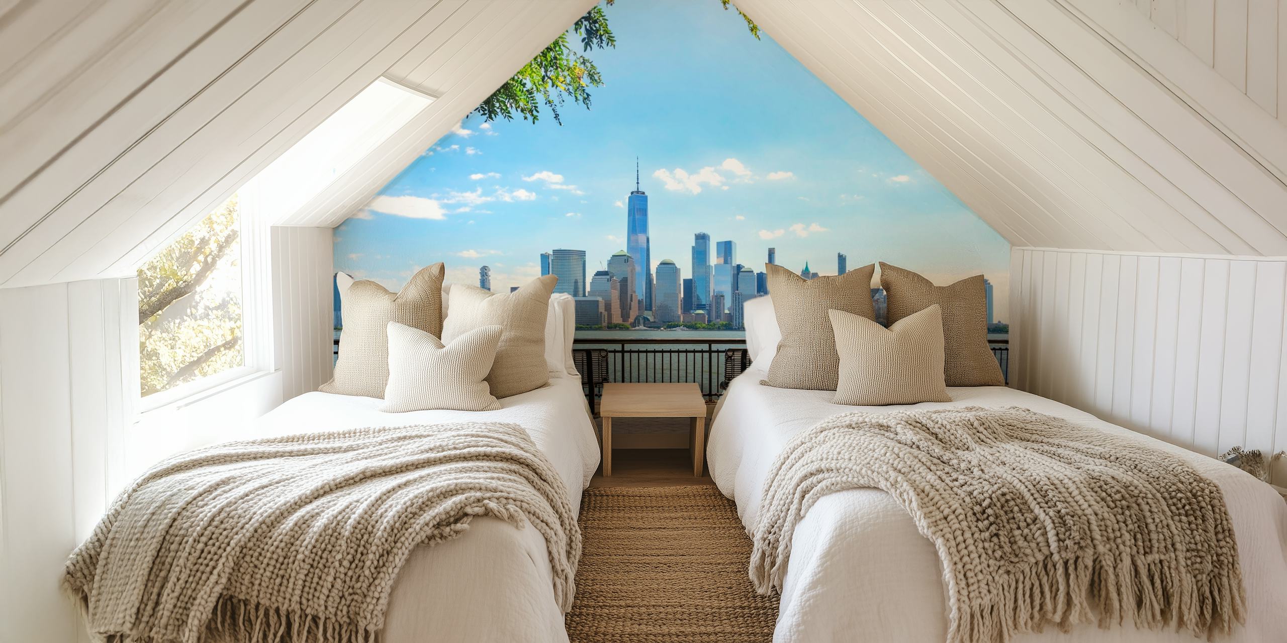 New York City skyline with benches in foreground and bright blue sky wallpaper