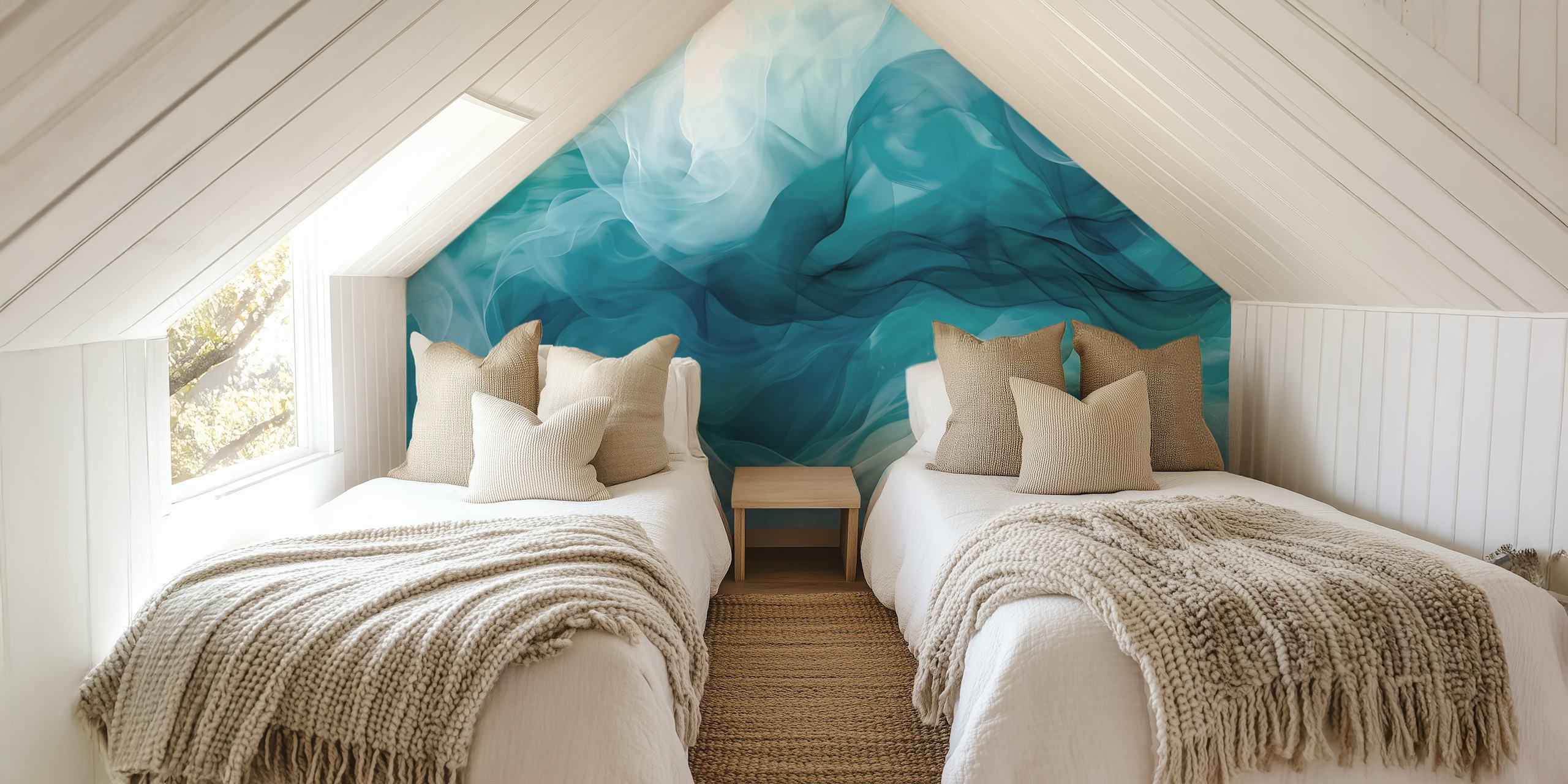 Abstract gentle blue and white waves tapetti huoneessa