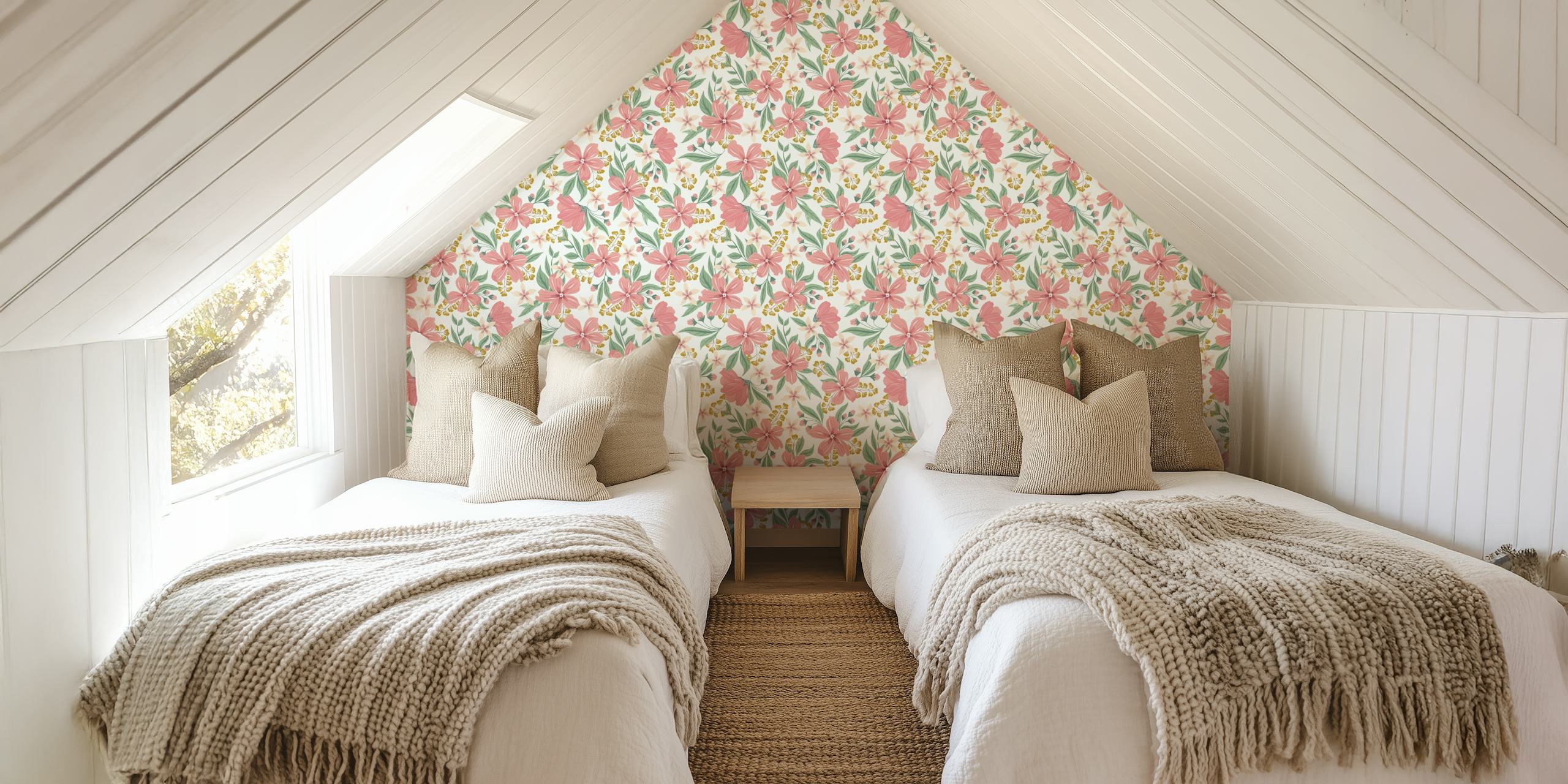 Pink floral pattern with green leaves wallpaper