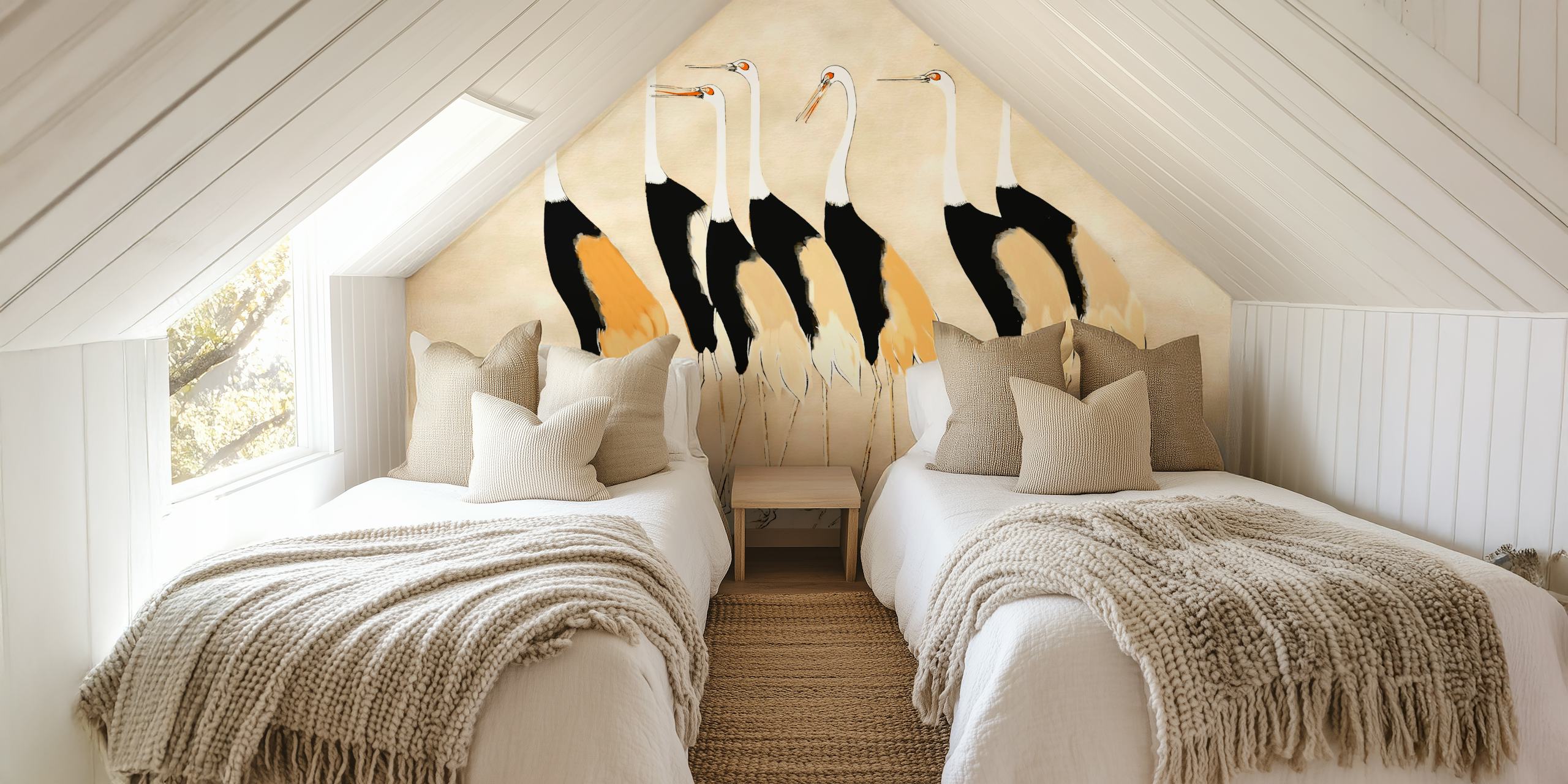 Neutral Japanese Cranes wallpaper in a room