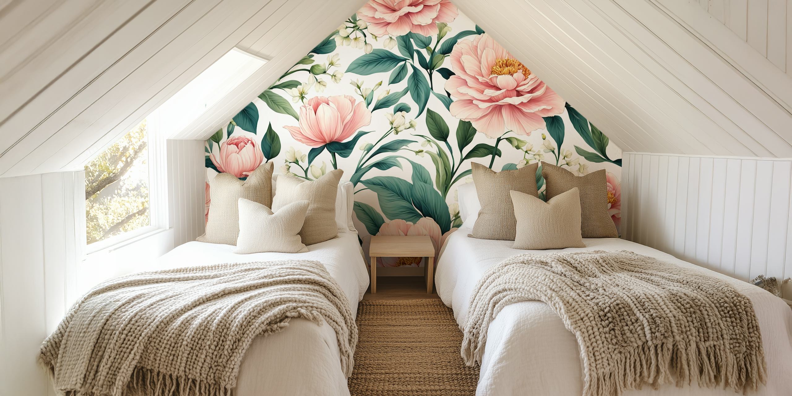 Pink floral arrangement wallpaper with leafy green accents