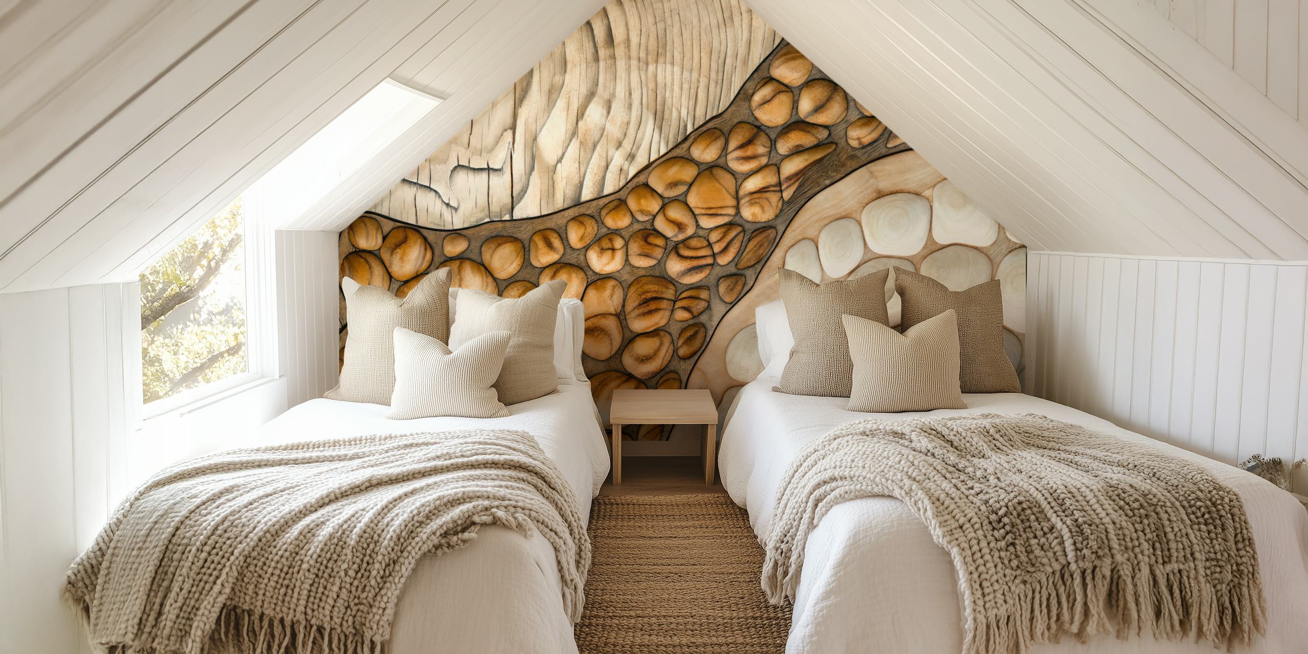 Wood pebbles and textured natural wood wallpaper