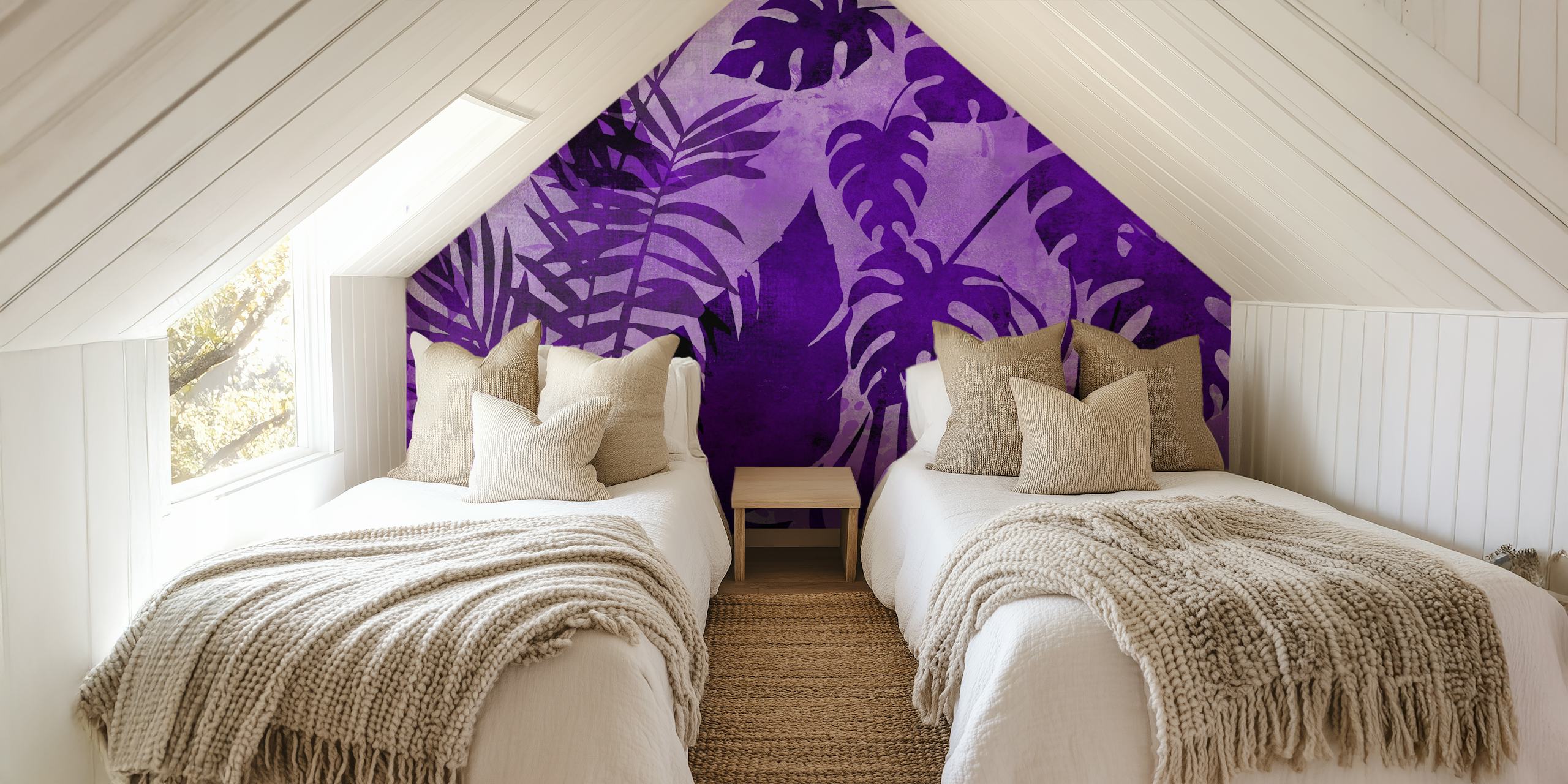 Purple tropical monstera palm wallpaper in a room