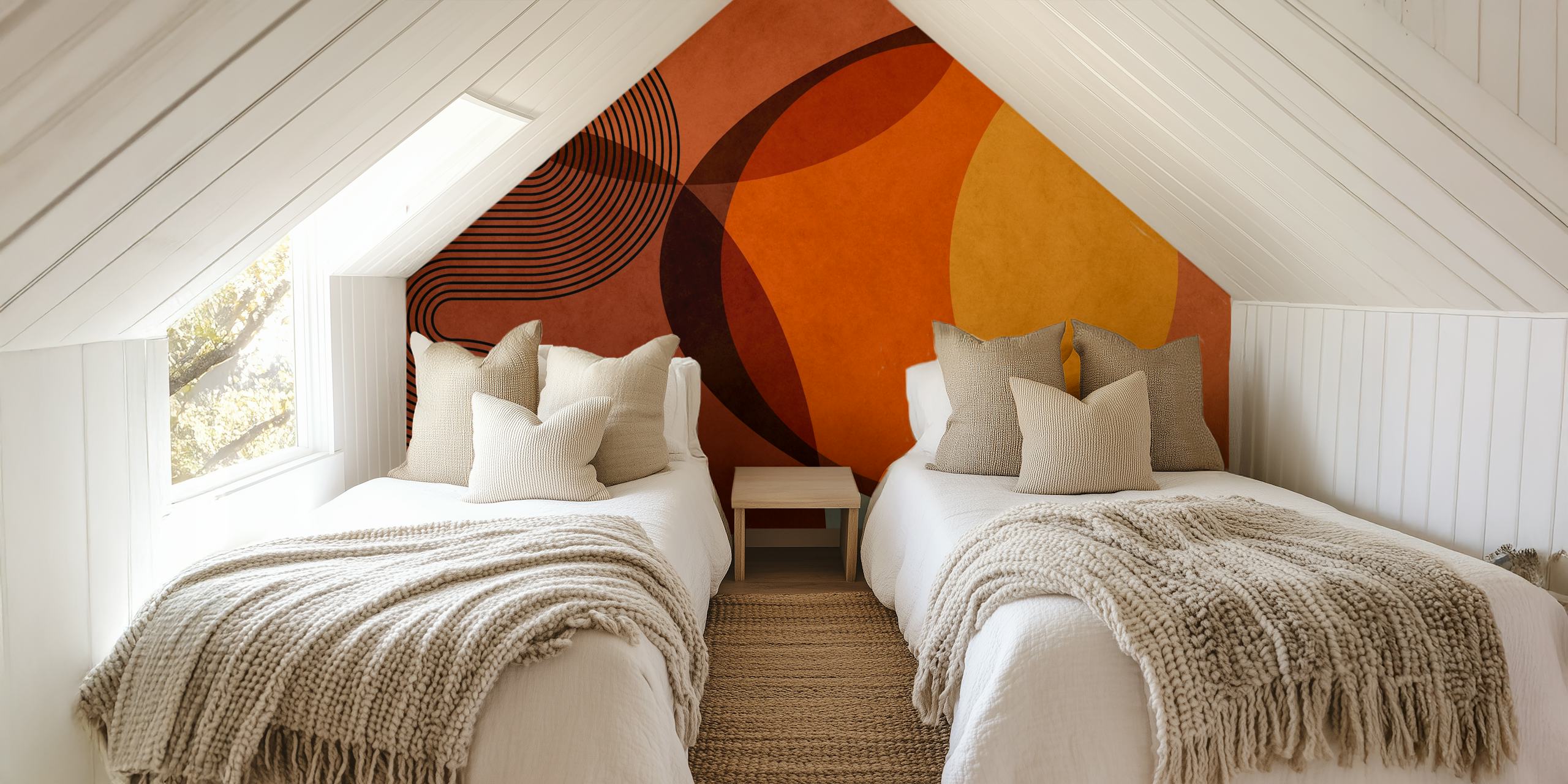 Abstract organic shapes in orange and brown on a textured wallpaper