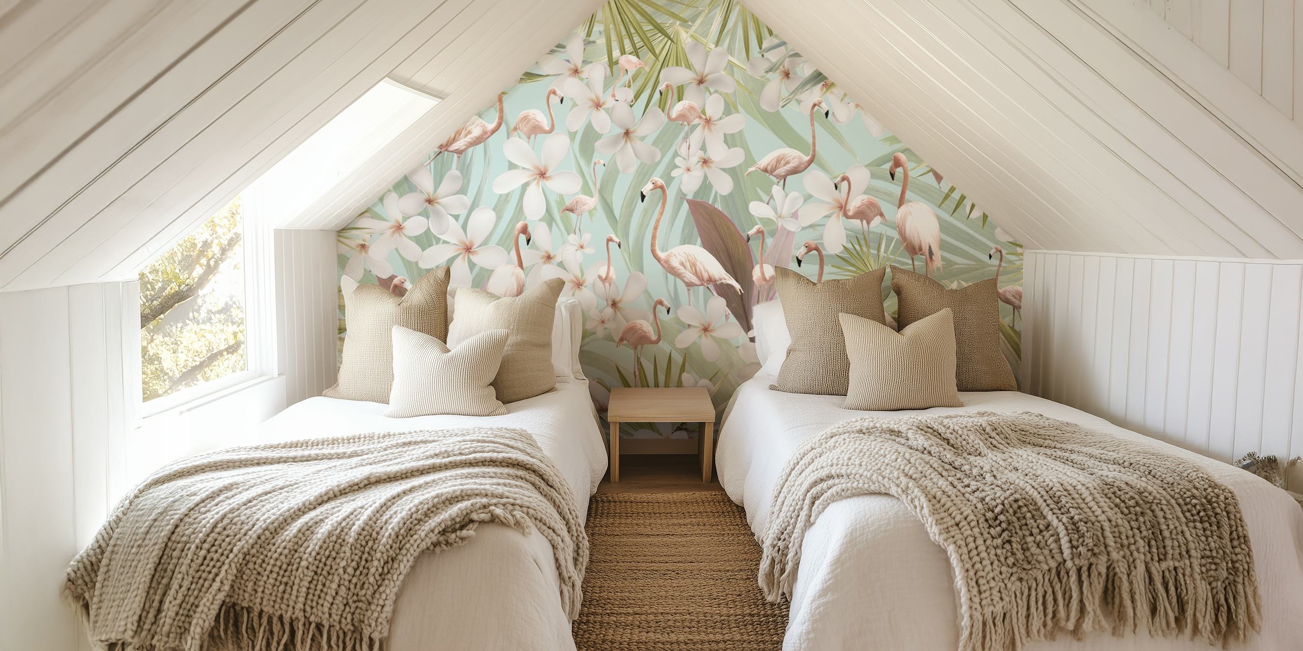 Flamingos and white flowers against pastel green background wallpaper
