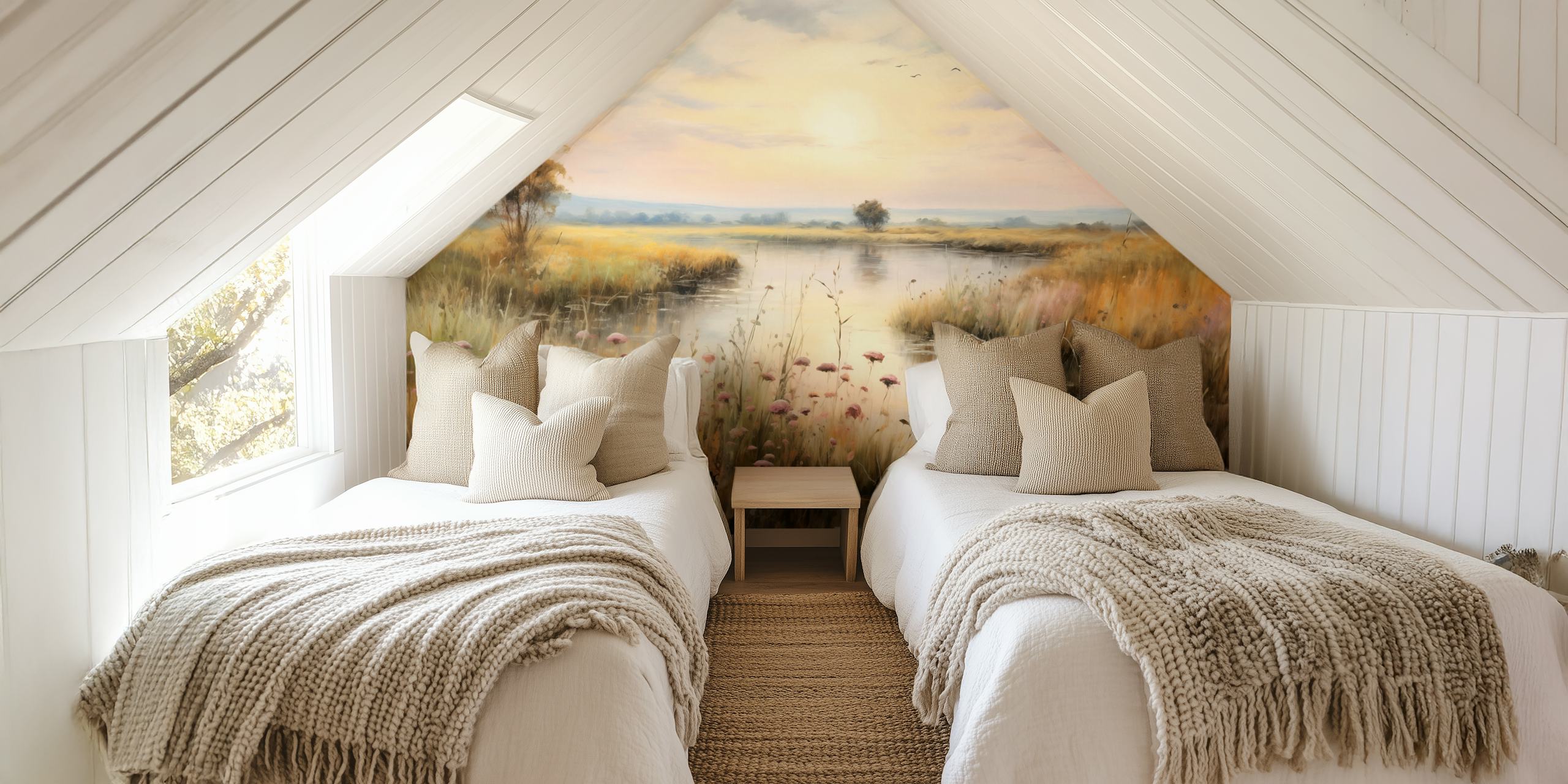 Papel de parede Watercolour wetlands landscape em um quarto
