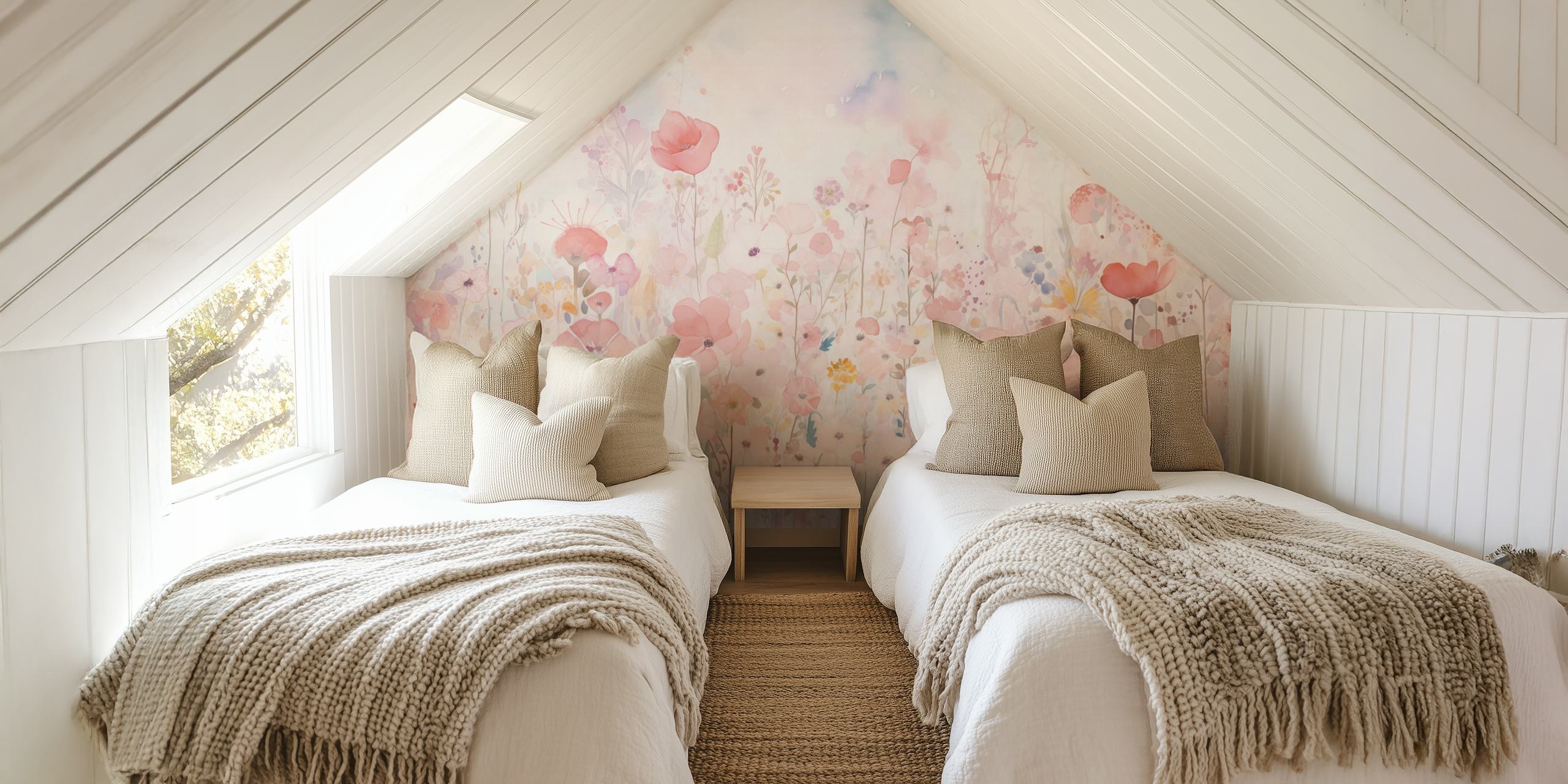 Papel de parede Watercolour happy flowers pastel em um quarto