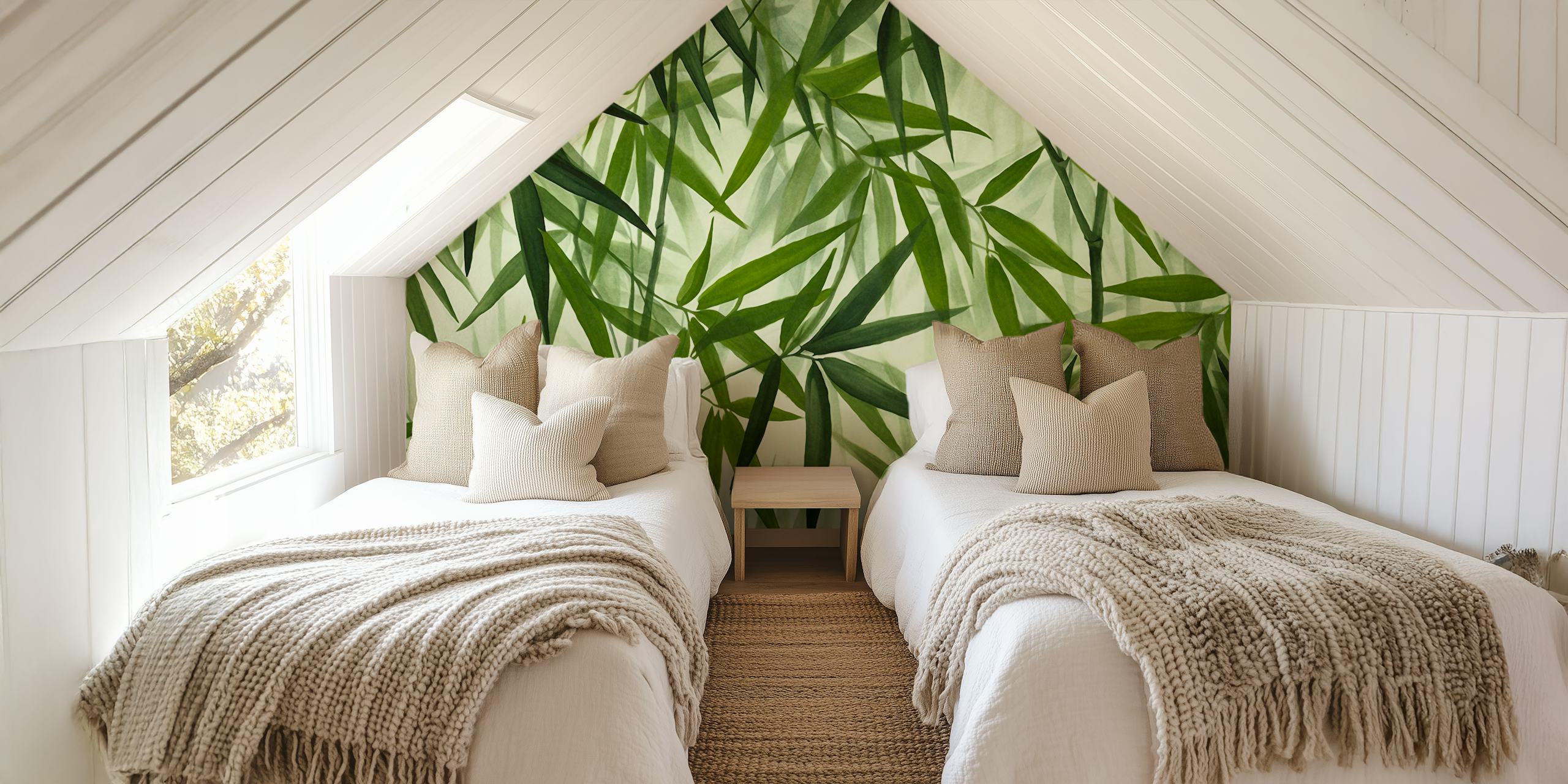 Bamboo leaves on a soft green background wallpaper