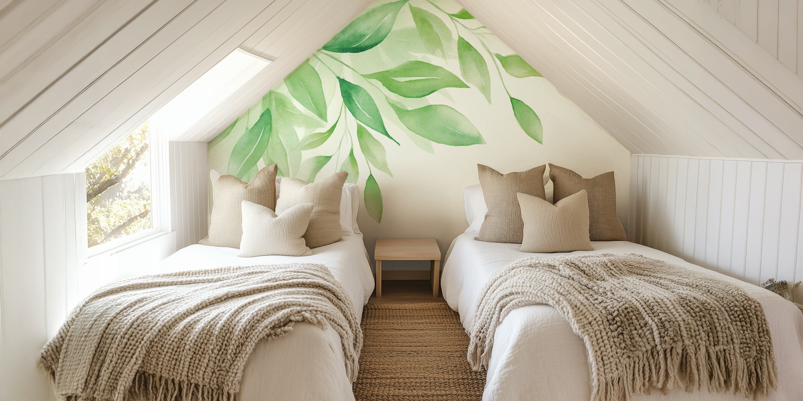 Papel de parede Calm Foliage Gentle Green em um quarto