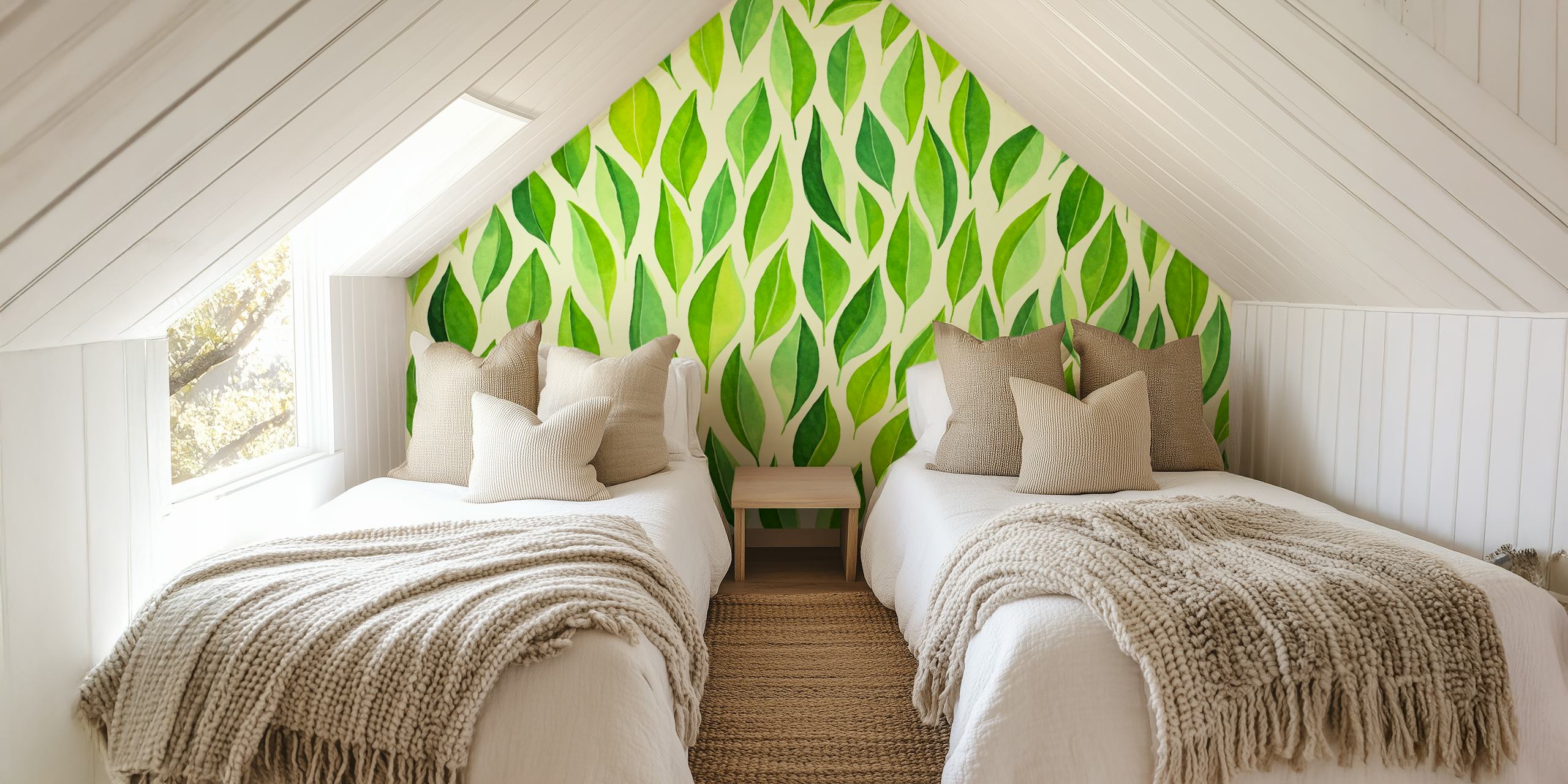 Green leafy pattern wallpaper in various shades of green