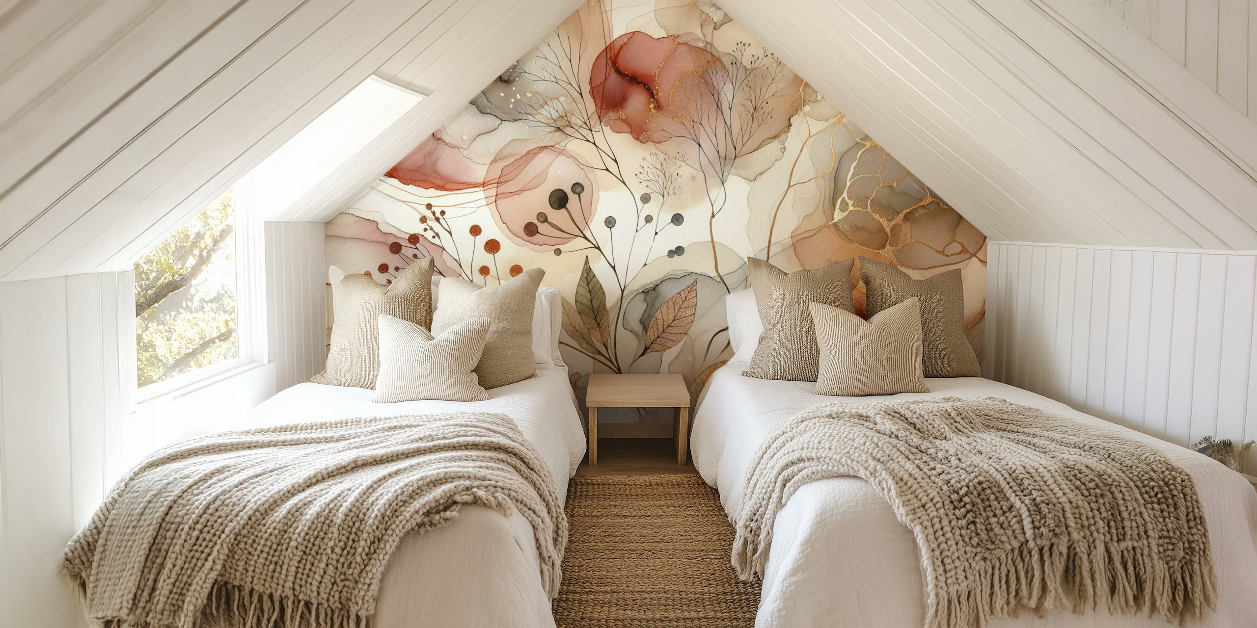 Watercolor floral design with soft reds, pinks, and gold accents wallpaper
