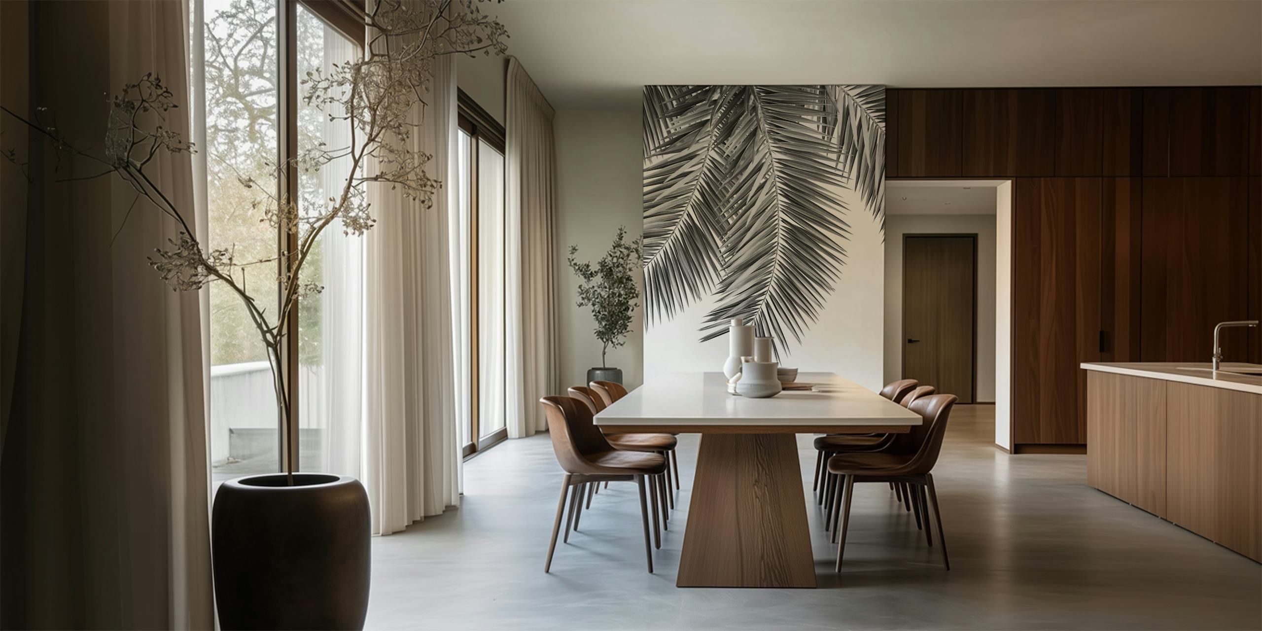 Black and white palm leaves wallpaper in detailed pattern