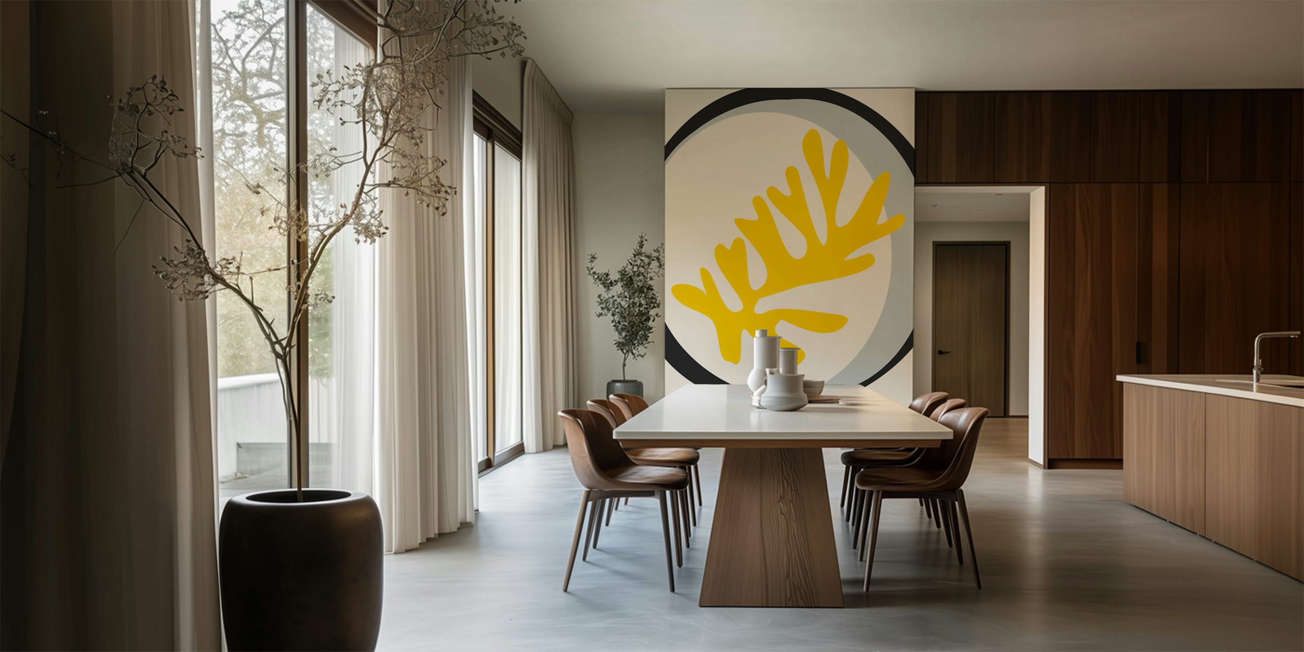 Yellow leaf design with black outline on cream background wallpaper