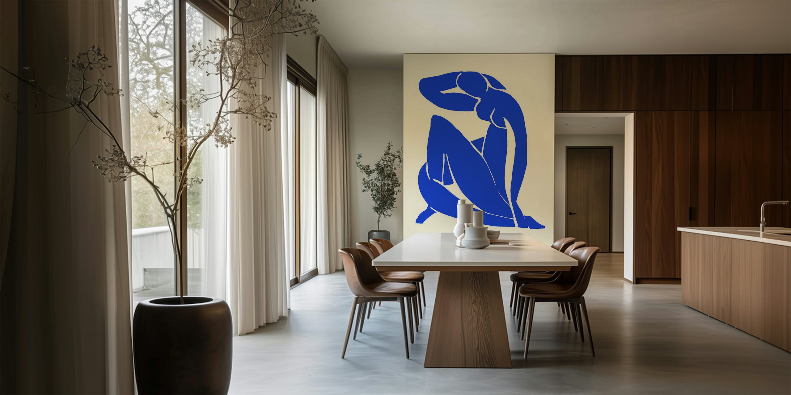 Mural abstrato de figuras azuis inspirado no estilo de arte de Matisse