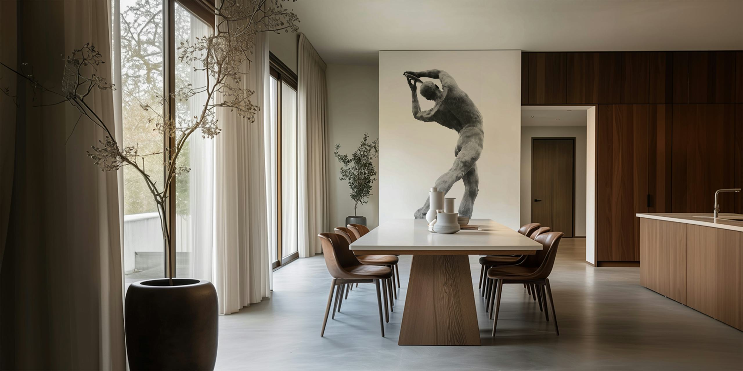 Athletic figure of a discus thrower in black and white wallpaper