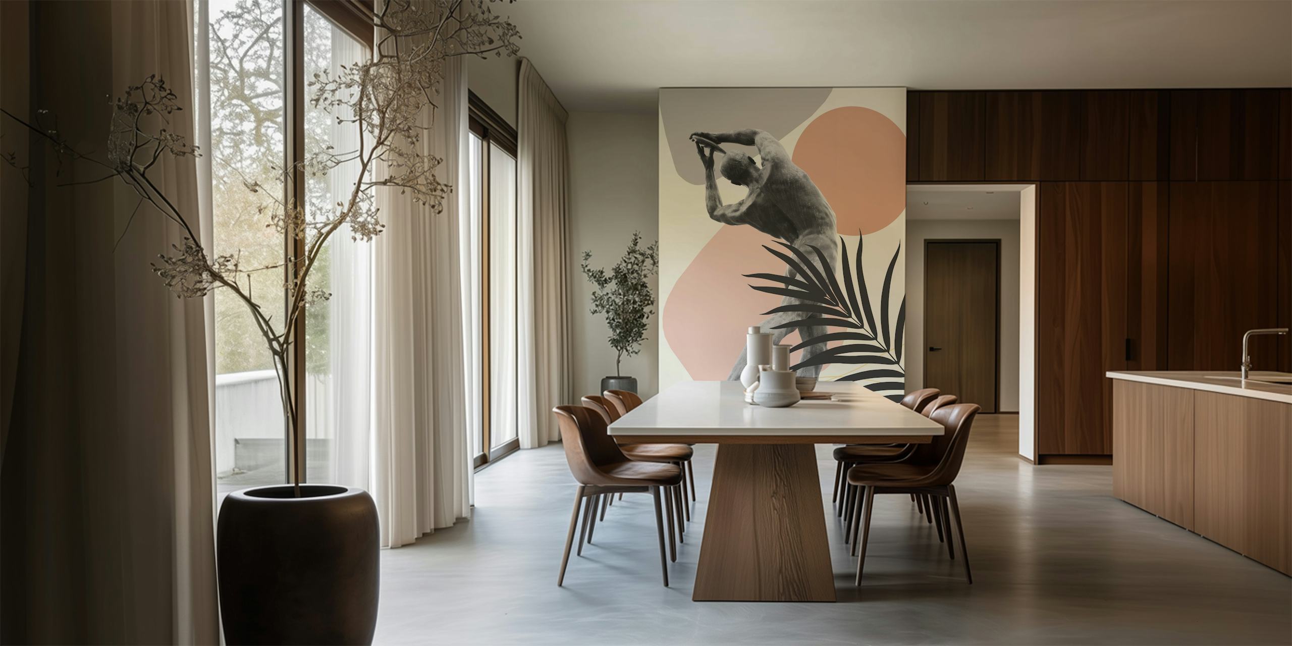 Discus thrower statue with abstract shapes and leaves wallpaper