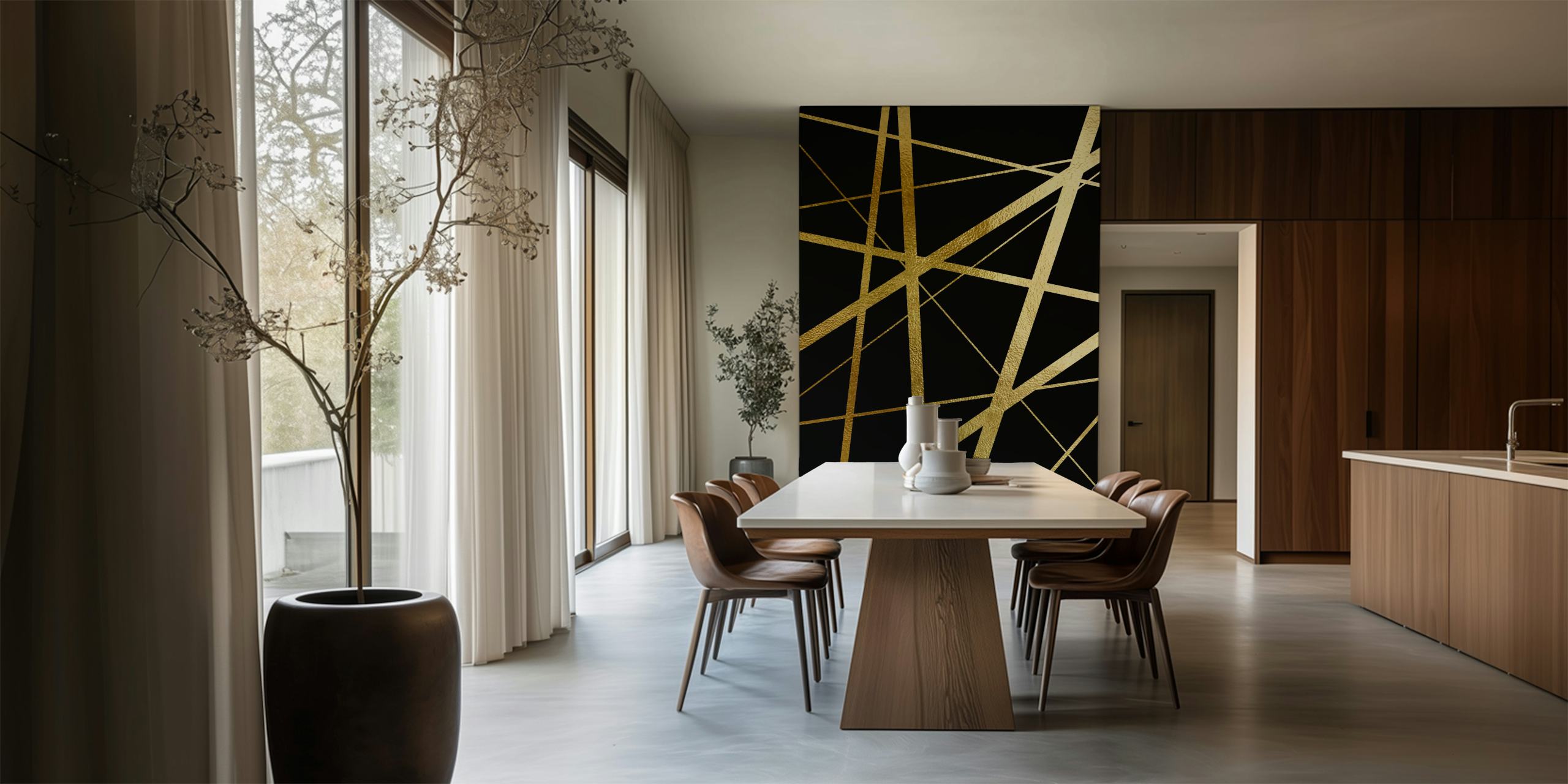 Geometriska linjer Guld Svart tapet