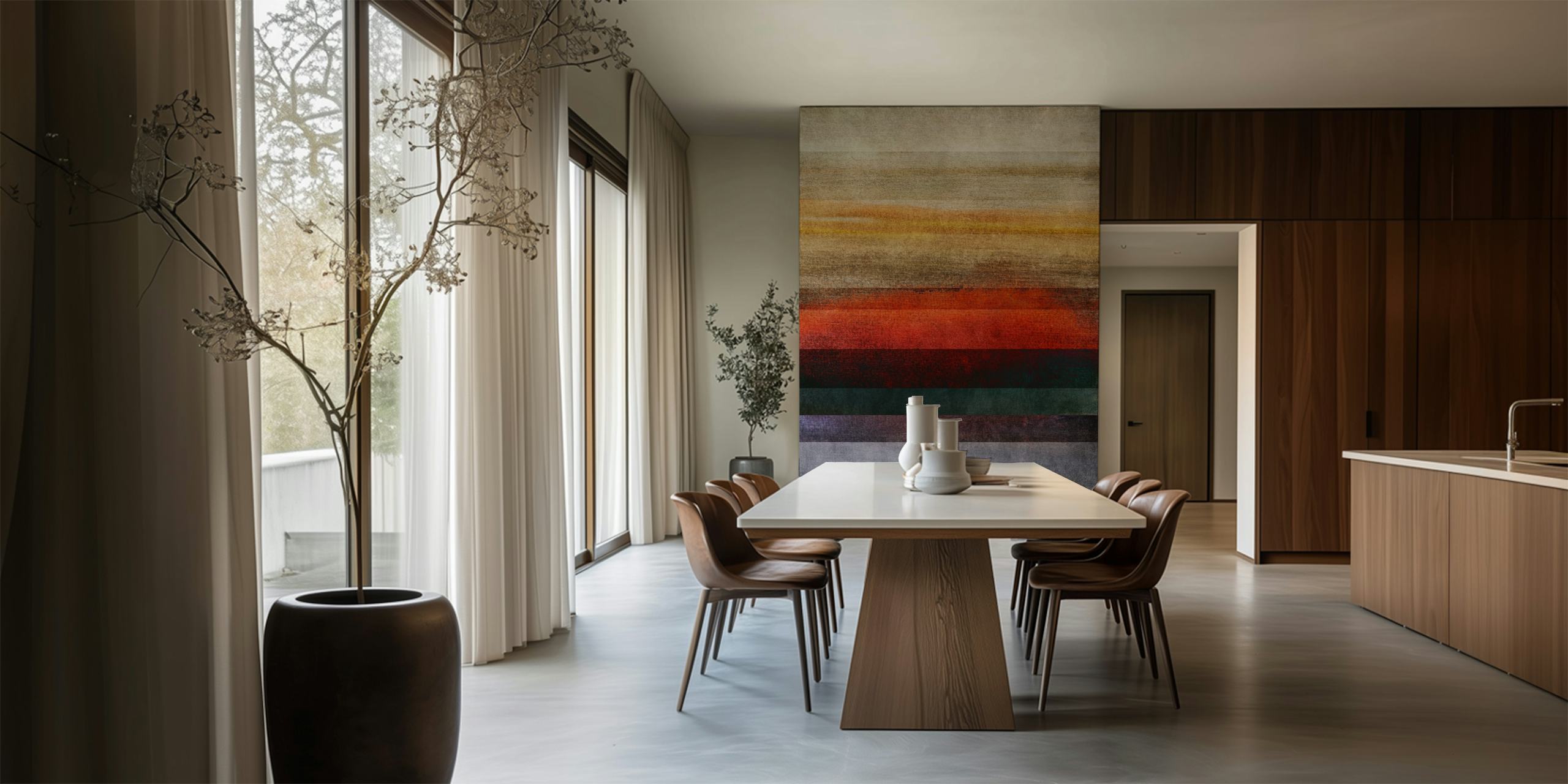 Abstract wallpaper with horizontal stripes in various colors including orange, green, and gray.