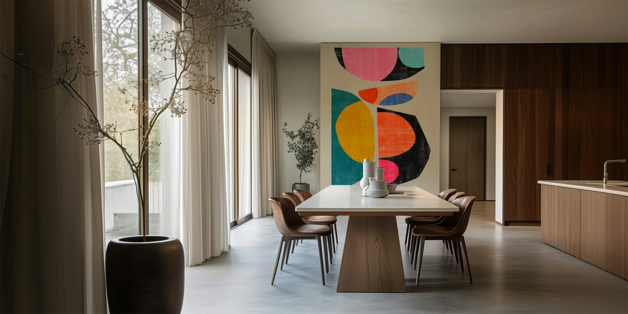 Colorful abstract shapes in pink, black, blue, orange, and yellow wallpaper