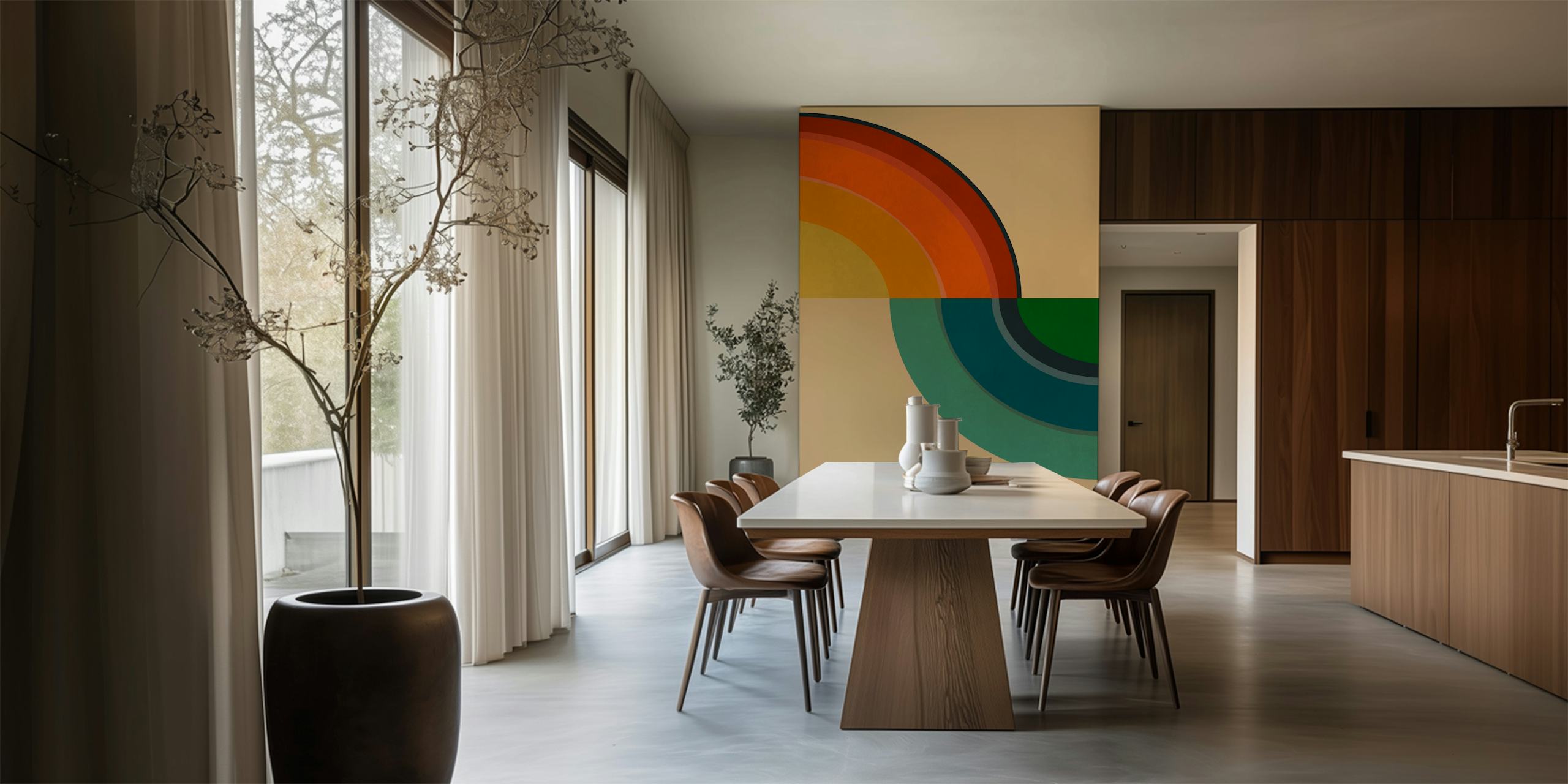 Colorful semicircle rainbow patterns in orange, green, and blue wallpaper