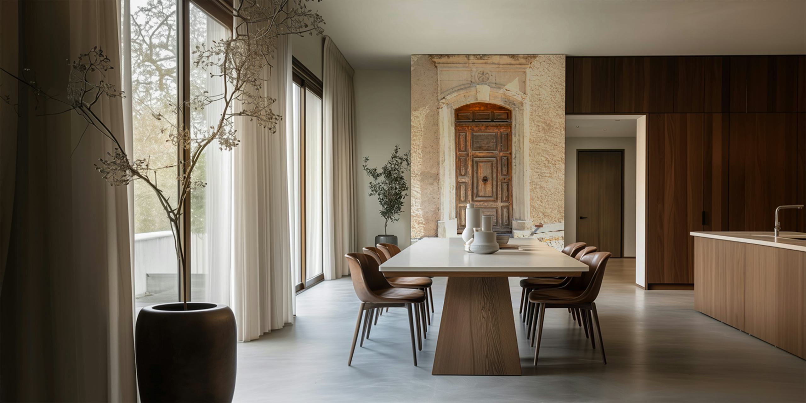 Old weathered wooden door with arch detail on textured wall wallpaper