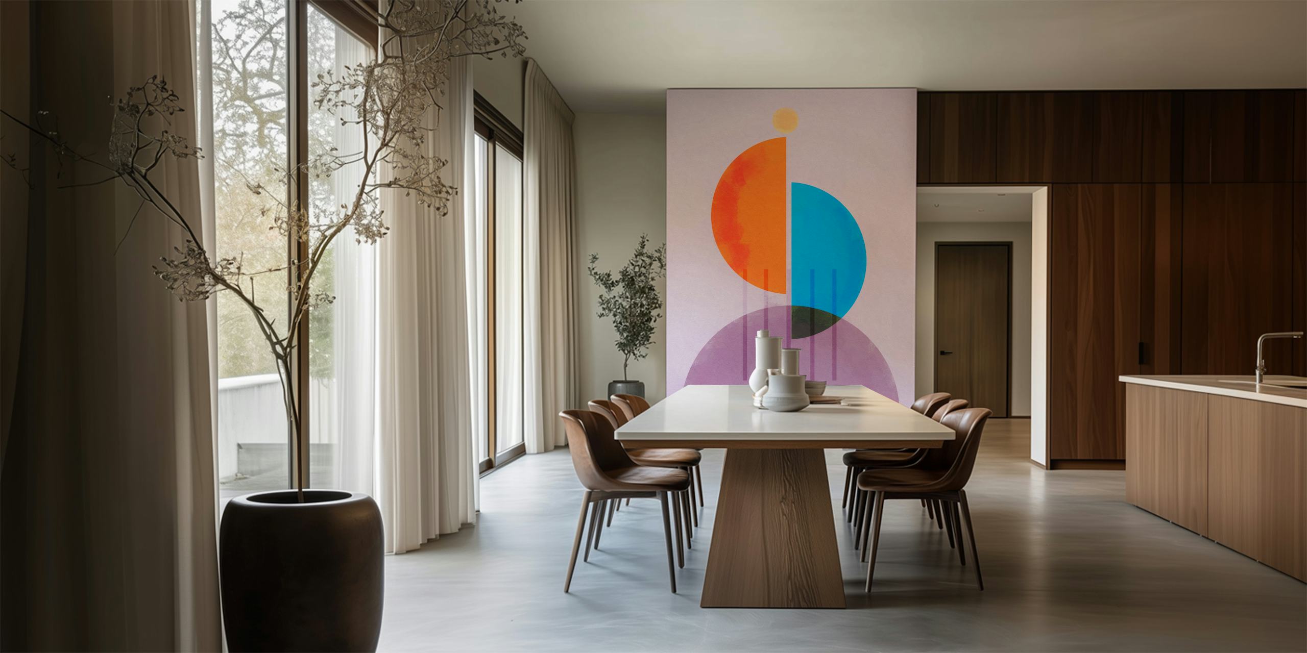 Colorful geometric shapes in orange, blue, and purple wallpaper