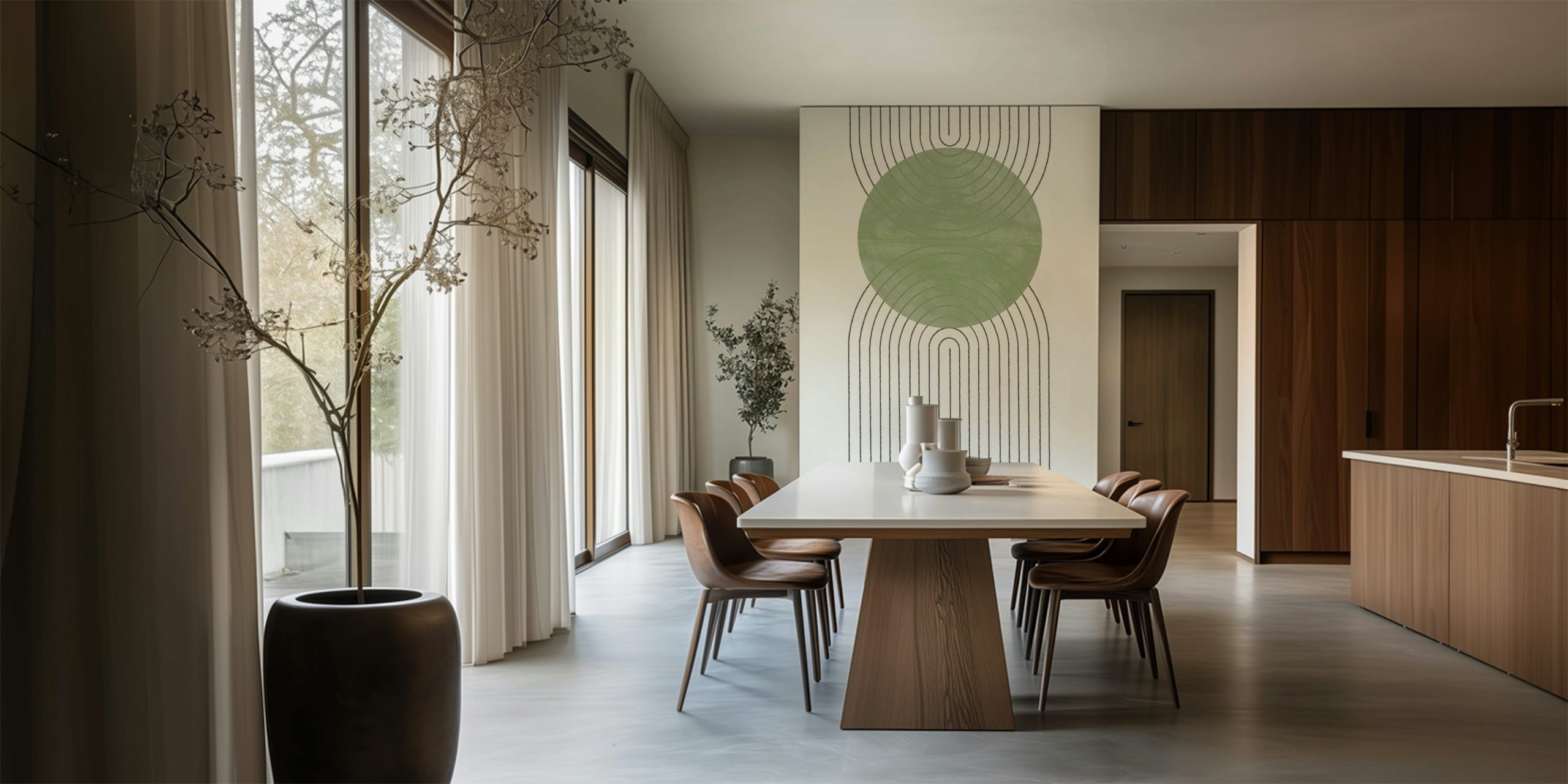 Mural de parede Green Moon II com um design circular verde com linhas brancas fluidas em um fundo neutro