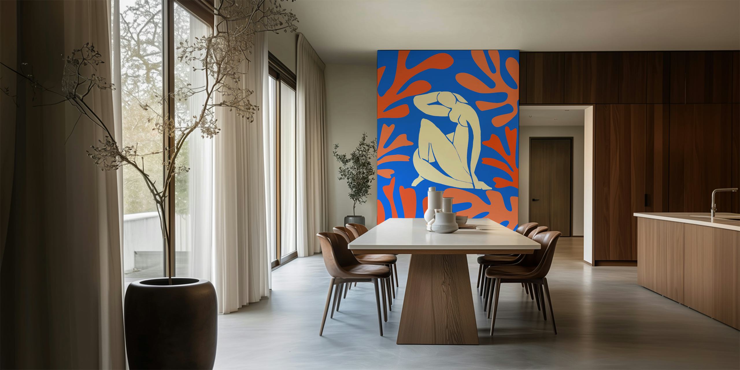 Inspirowana Matisse'em fototapeta z abstrakcyjnymi jasnopomarańczowymi kształtami na niebieskim tle ze stylizowaną białą postacią