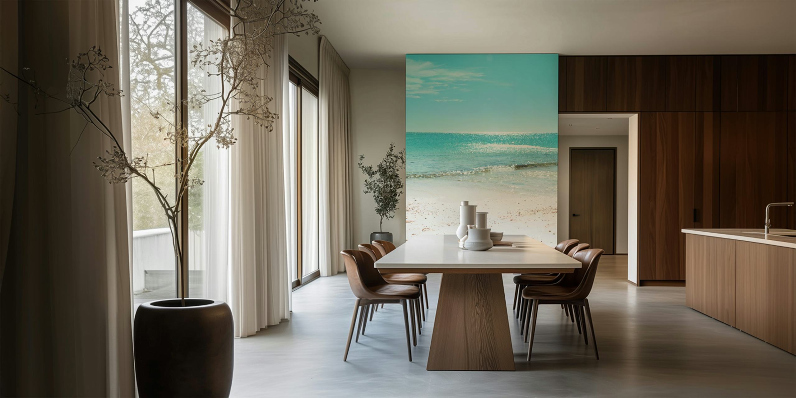Tropical ocean beach with aqua water and sandy shore wallpaper
