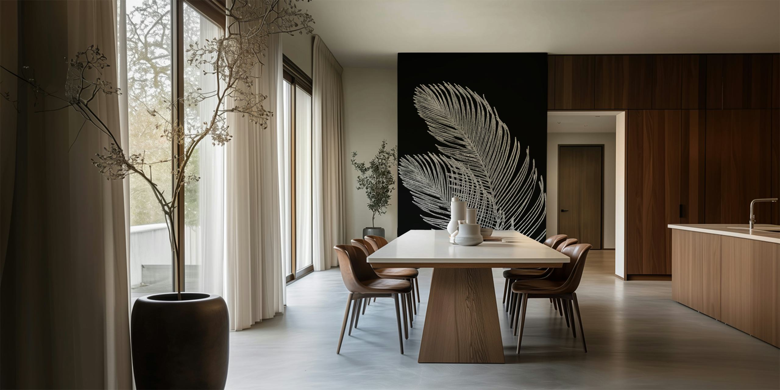 Palm leaf line art wall mural against black background
