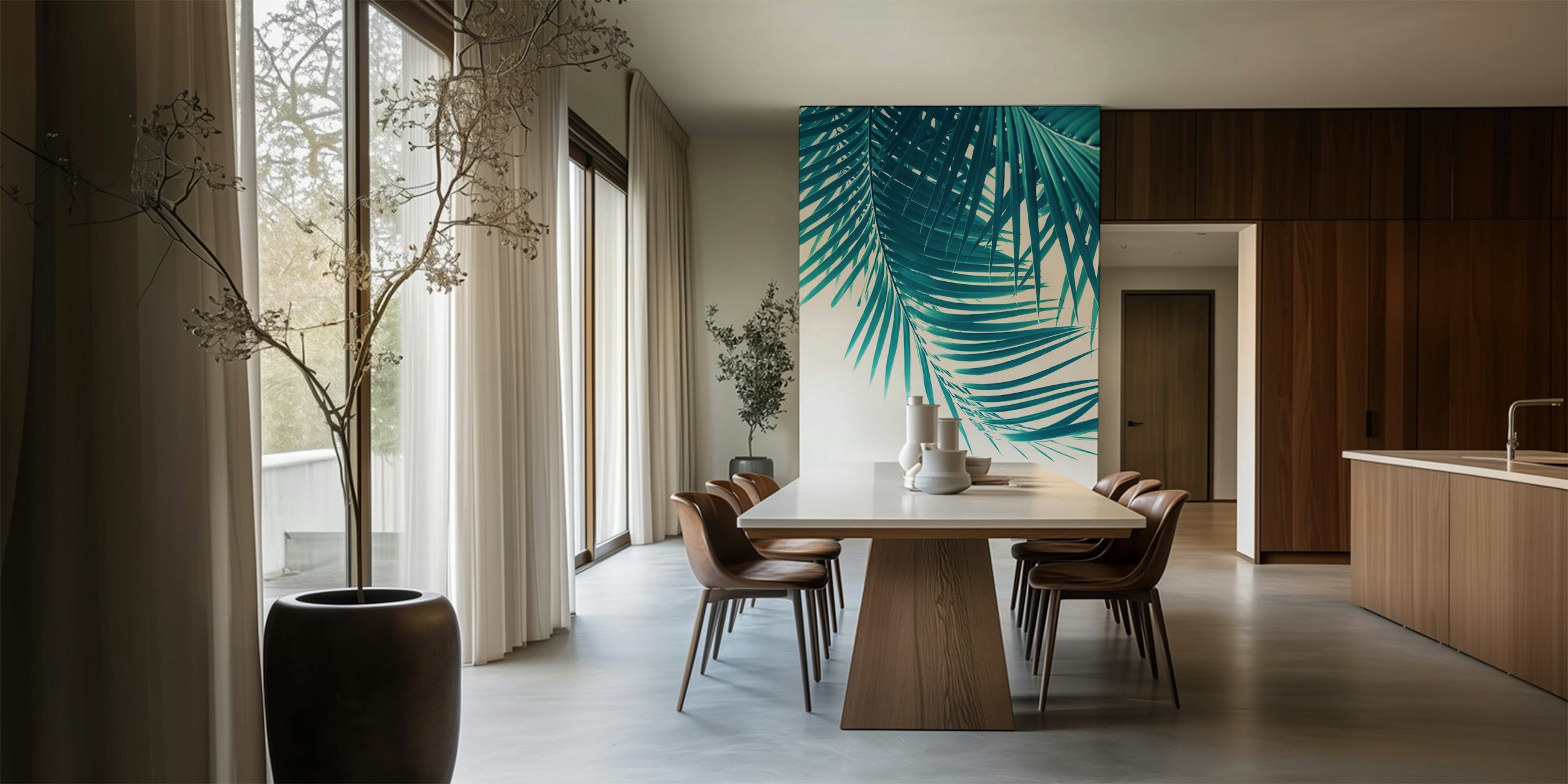 Teal Blue Palm Leaves Wallpaper in a Room