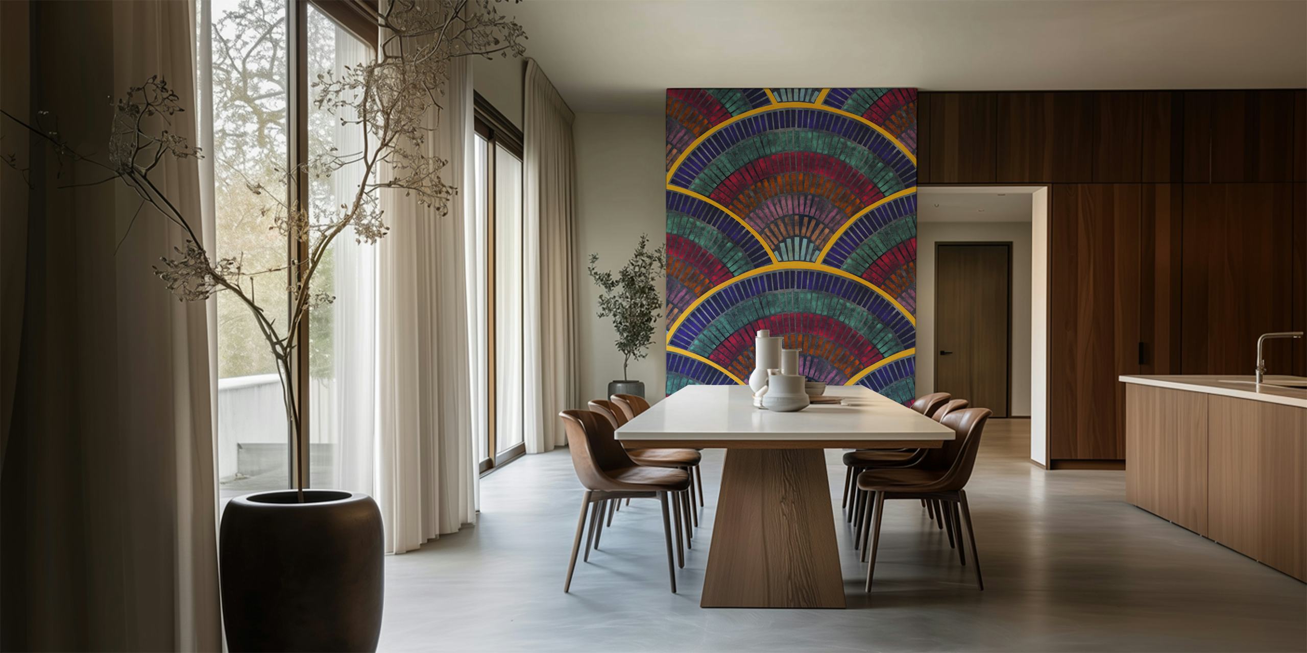 Geometric pattern in jewel tones: purple, teal, and gold wallpaper