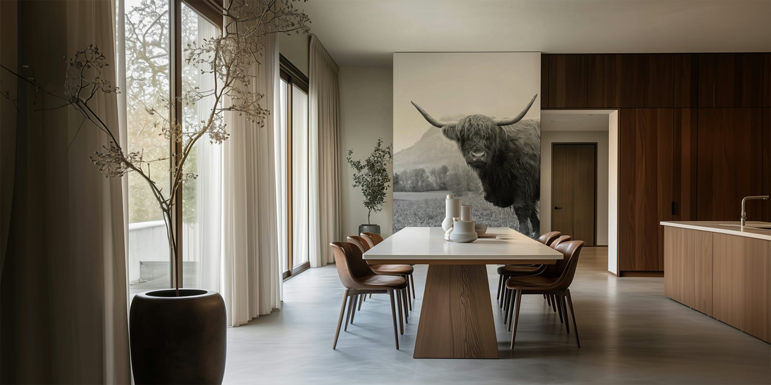 Highland Cow Tapete in einem modernen Raum