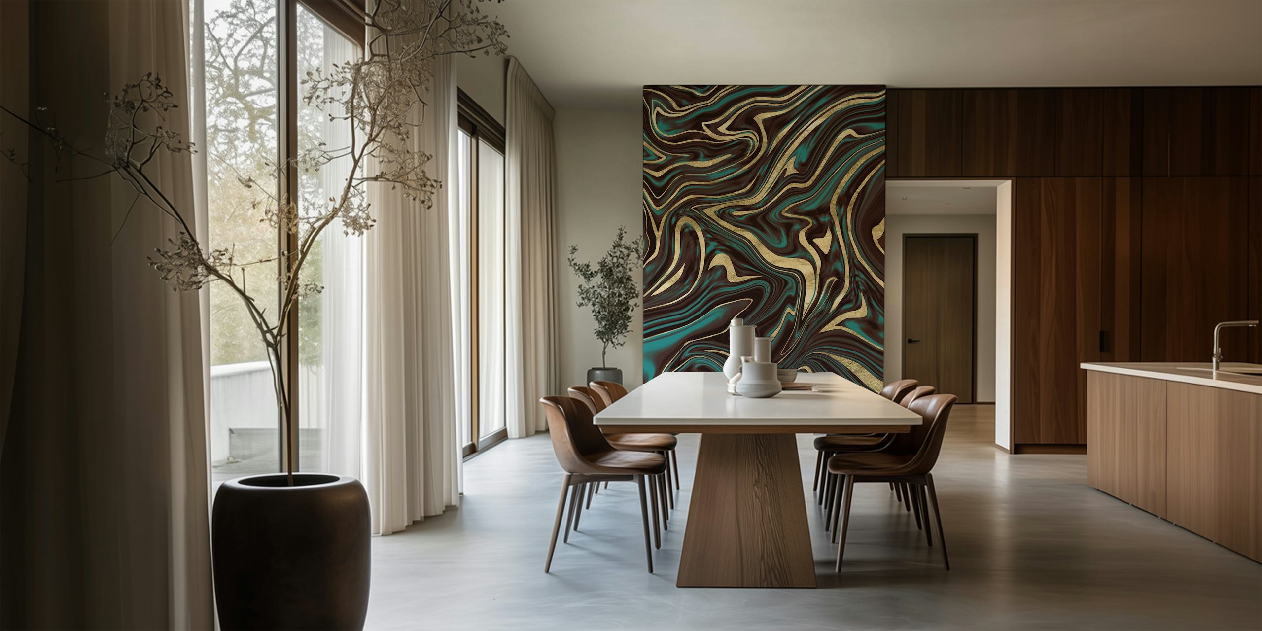 Turquoise brown gold marble wallpaper in a room